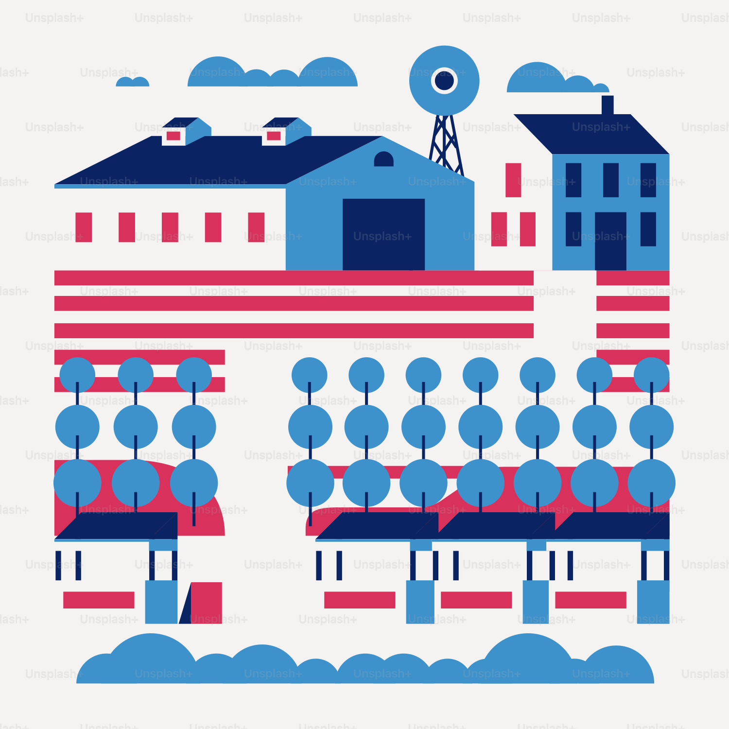 Ein blau-rotes Gebäude mit Himmelshintergrund