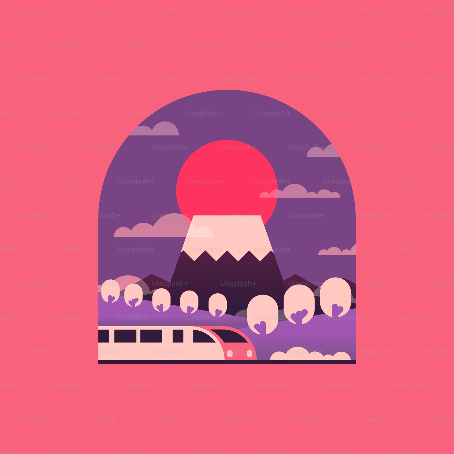 a pink background with a train and mountains