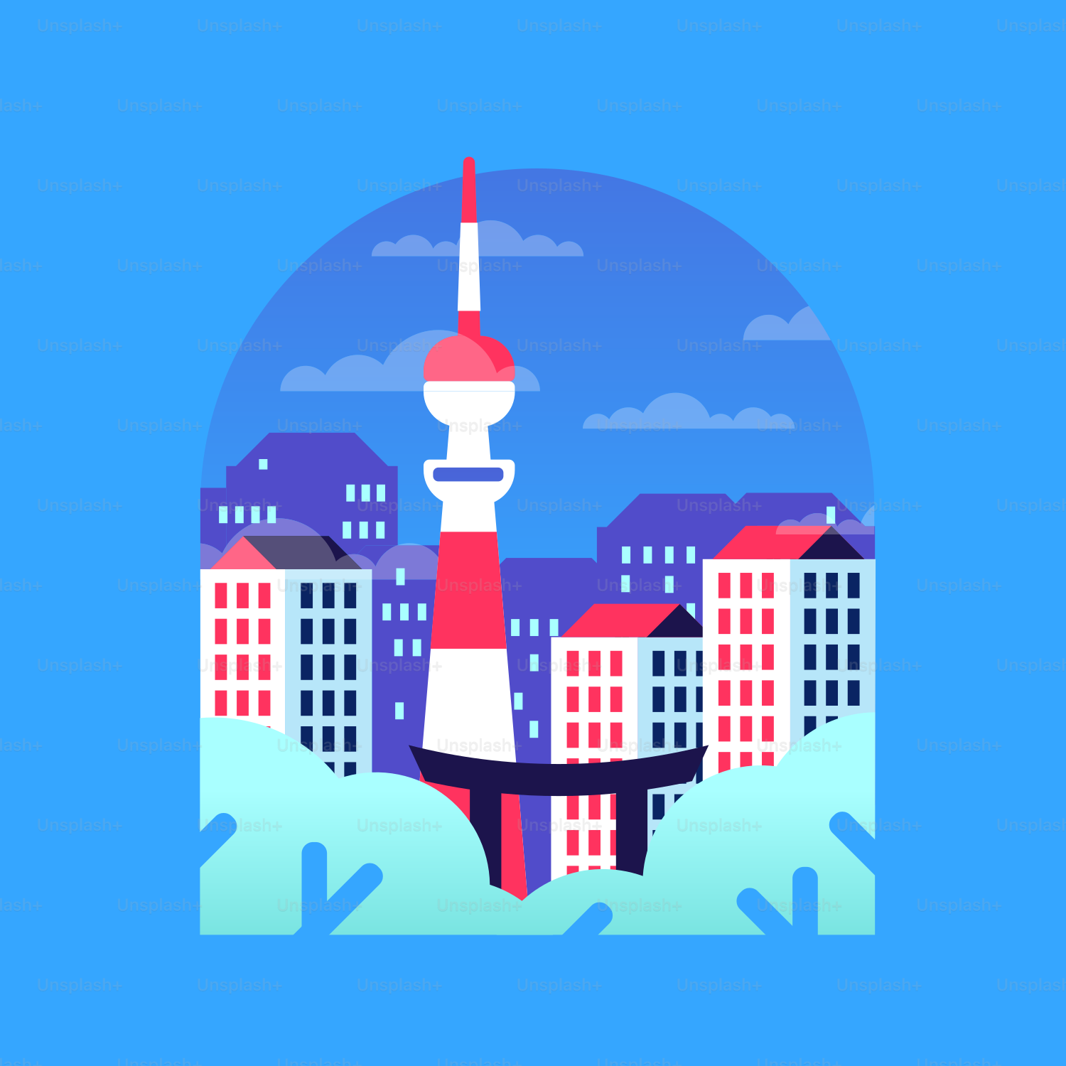 a red and white lighthouse on a blue background