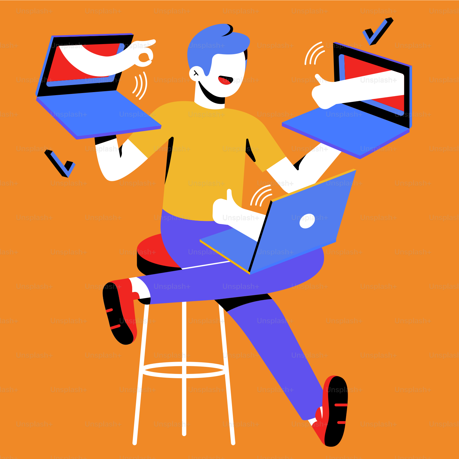 a man sitting on a stool using a laptop