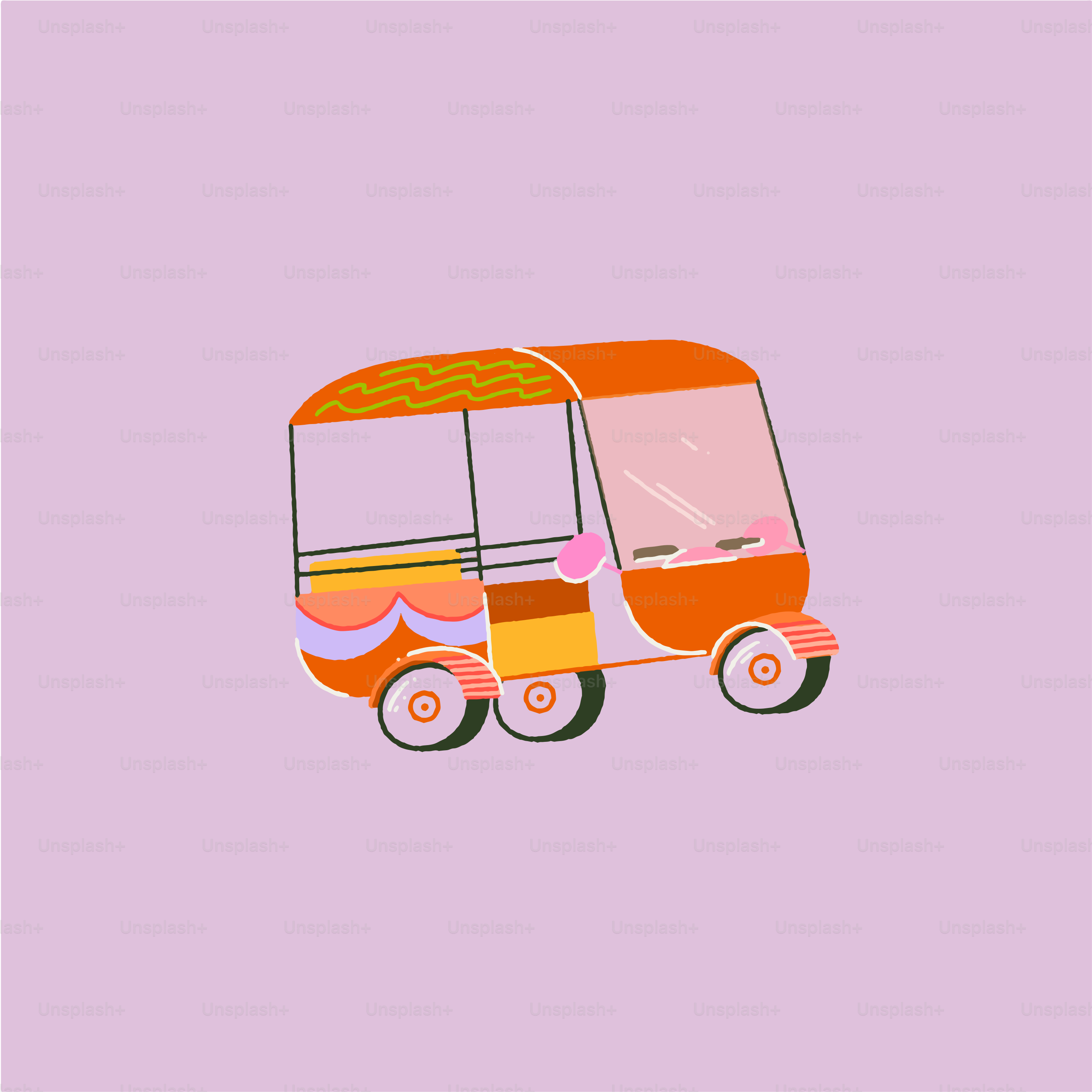 un autobus arancione e rosa su sfondo rosa