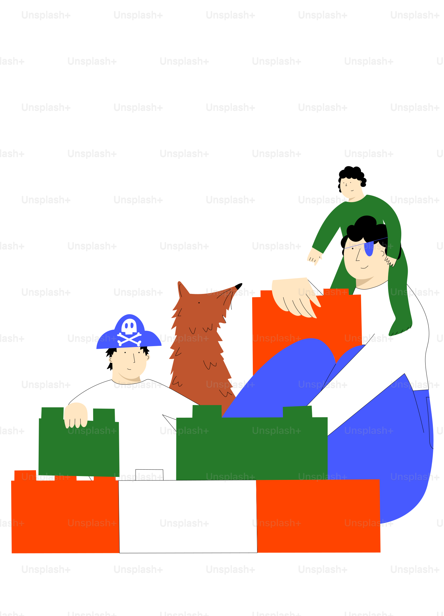 a man sitting on top of a pile of blocks next to a dog