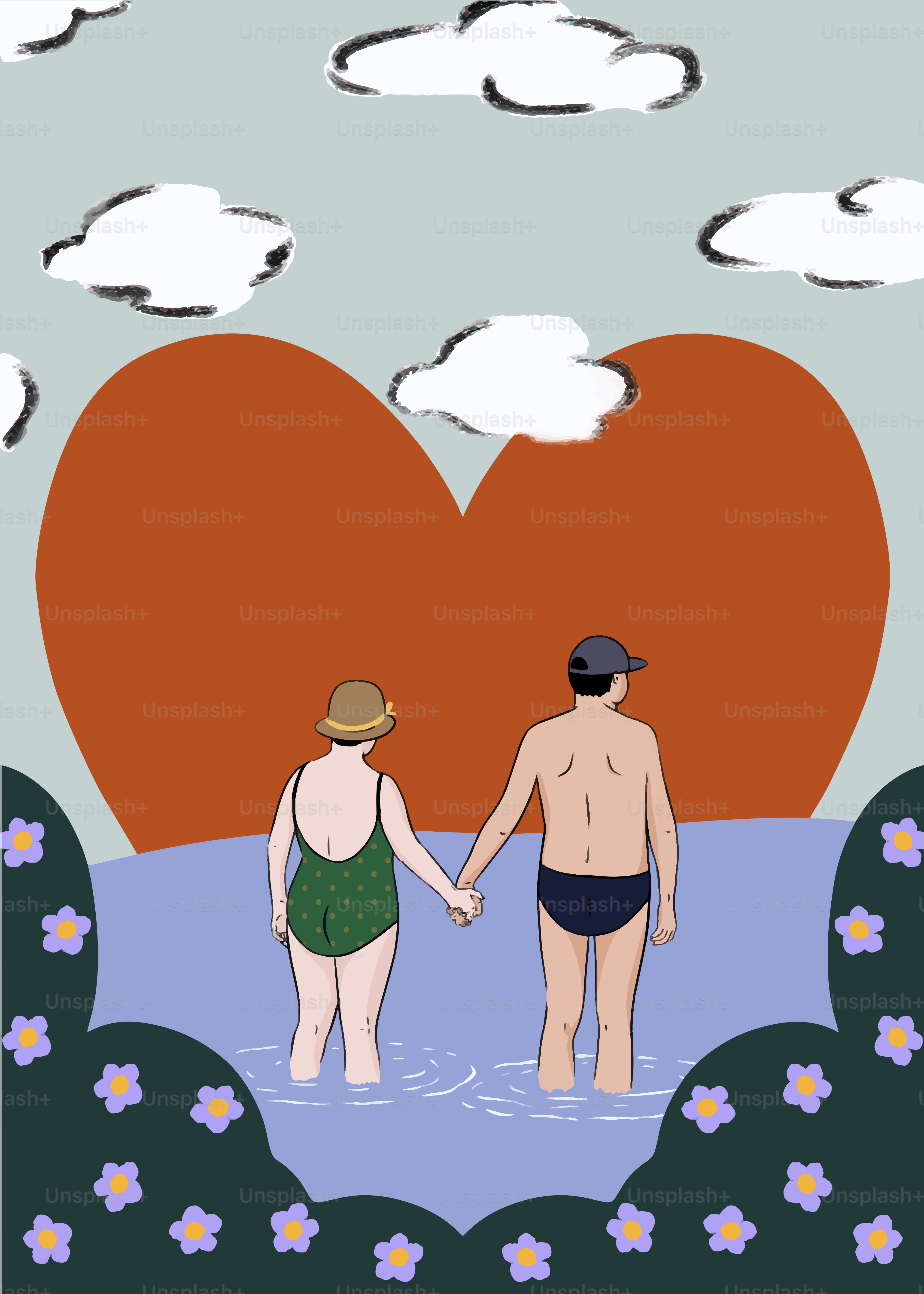 男と女がハートの前で手をつないでいる