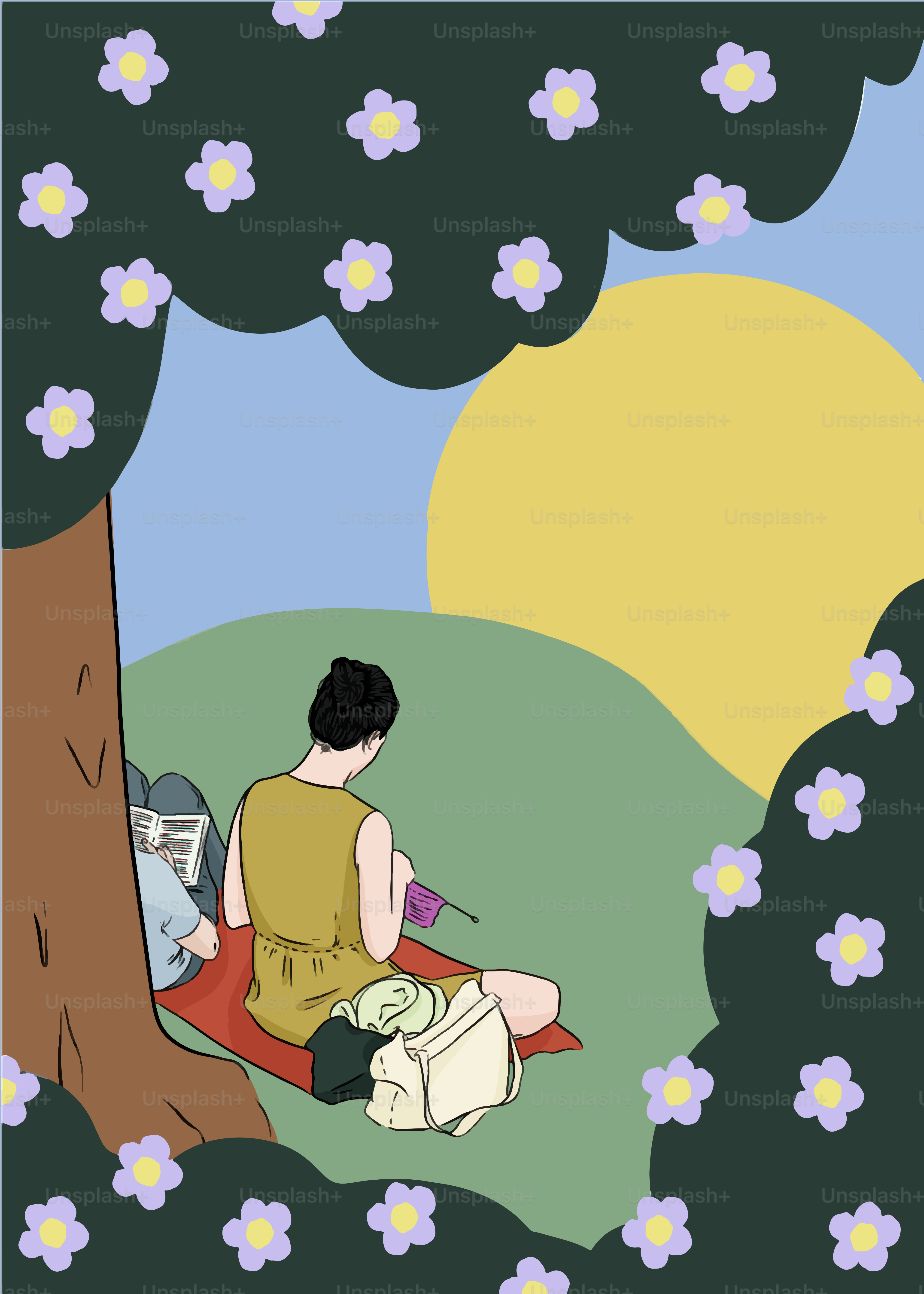 a woman sitting on a blanket next to a tree