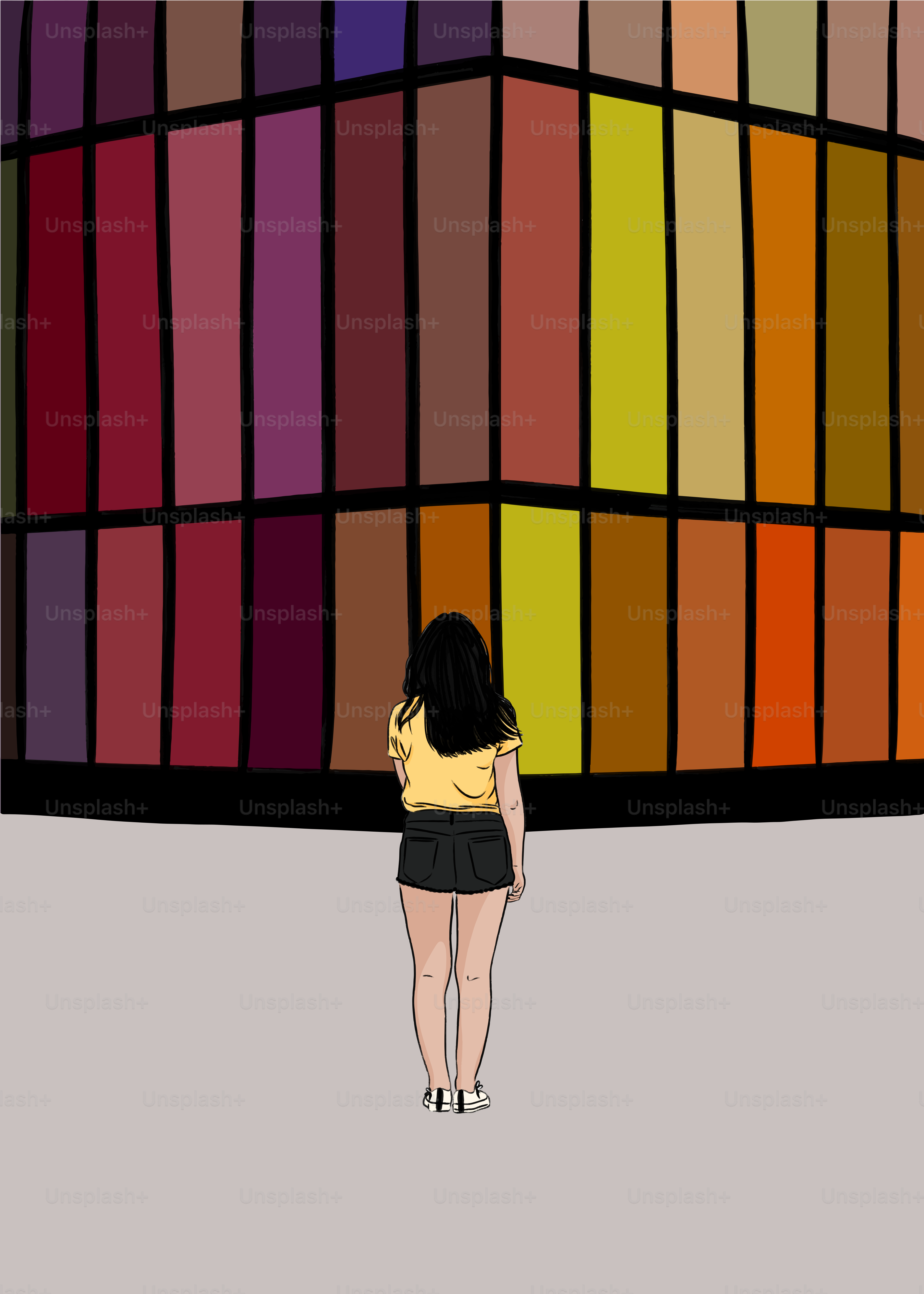 a woman standing in front of a colorful wall