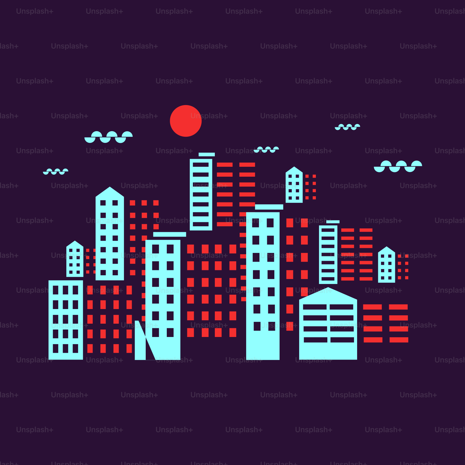 a cityscape with a red sun in the background