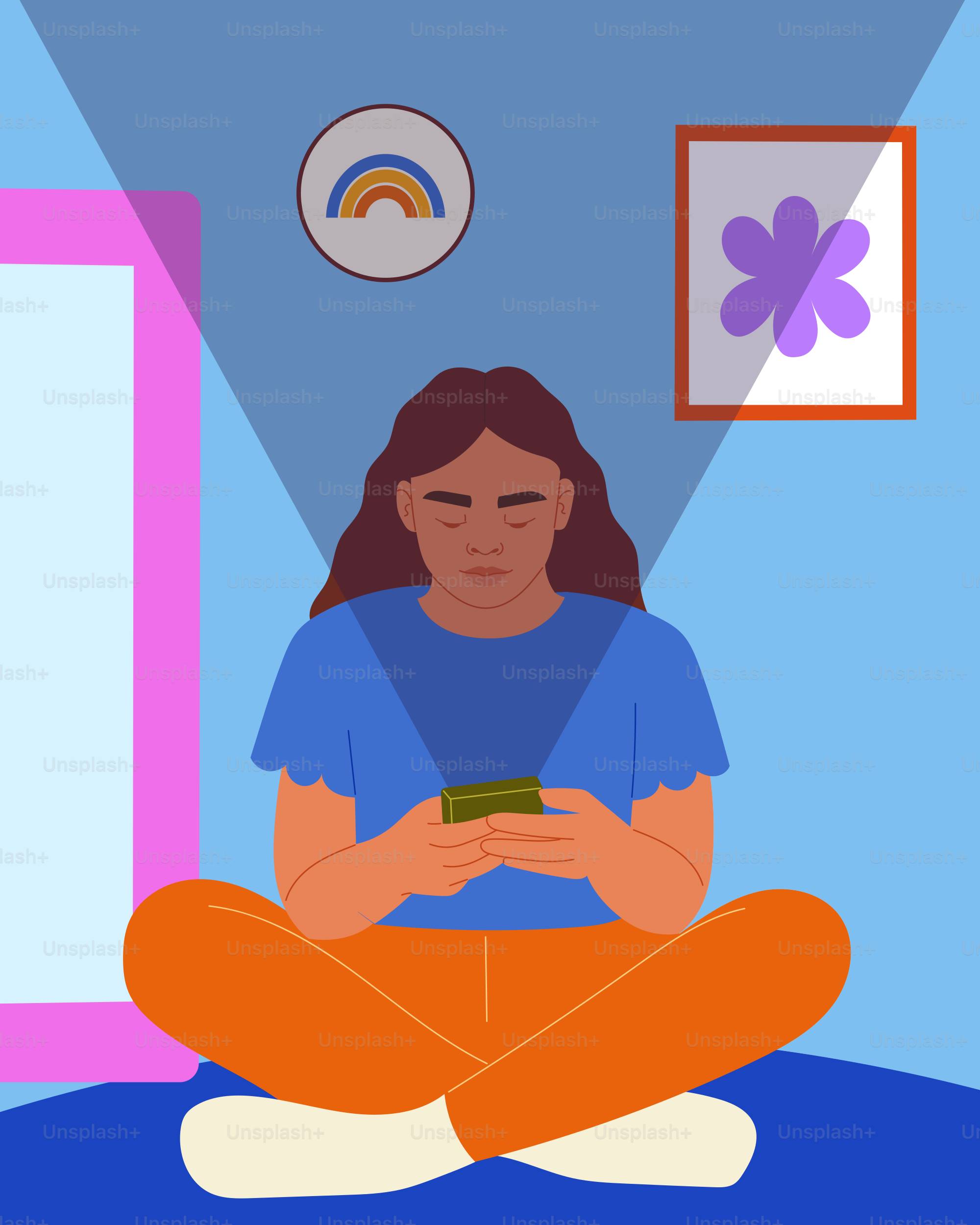 a woman sitting on the floor looking at her cell phone