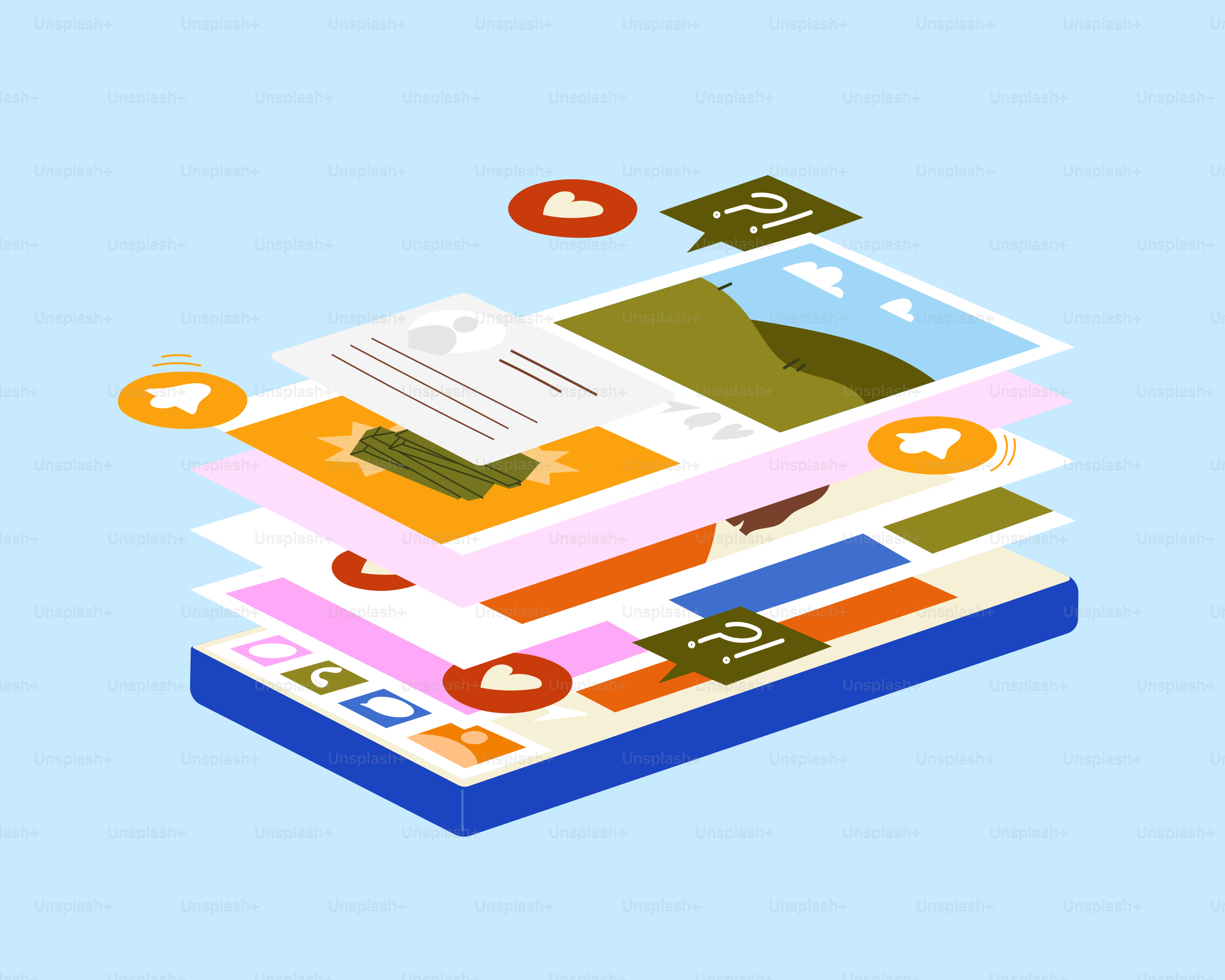 a stack of books with different icons on them