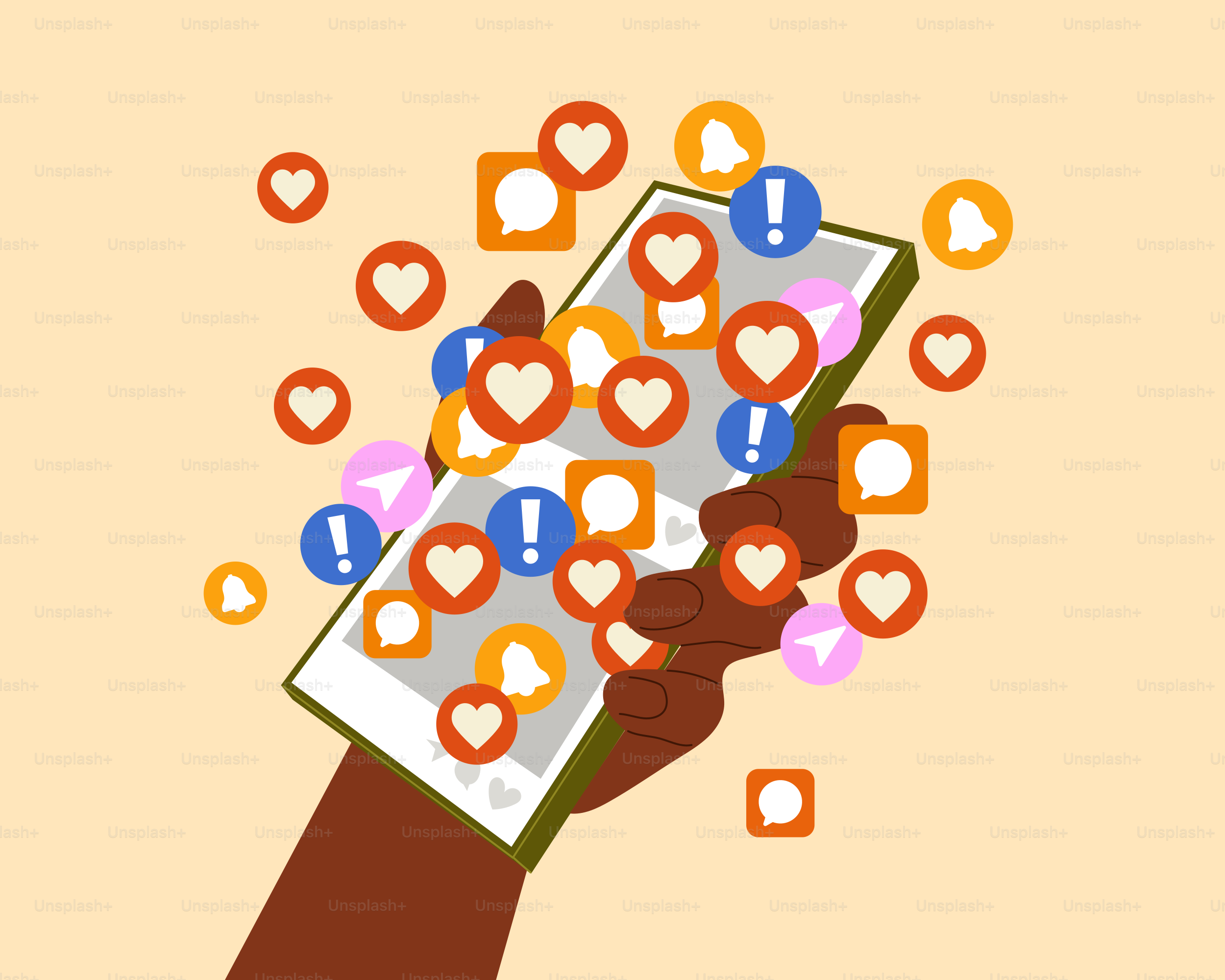 a hand holding a smart phone with hearts coming out of it