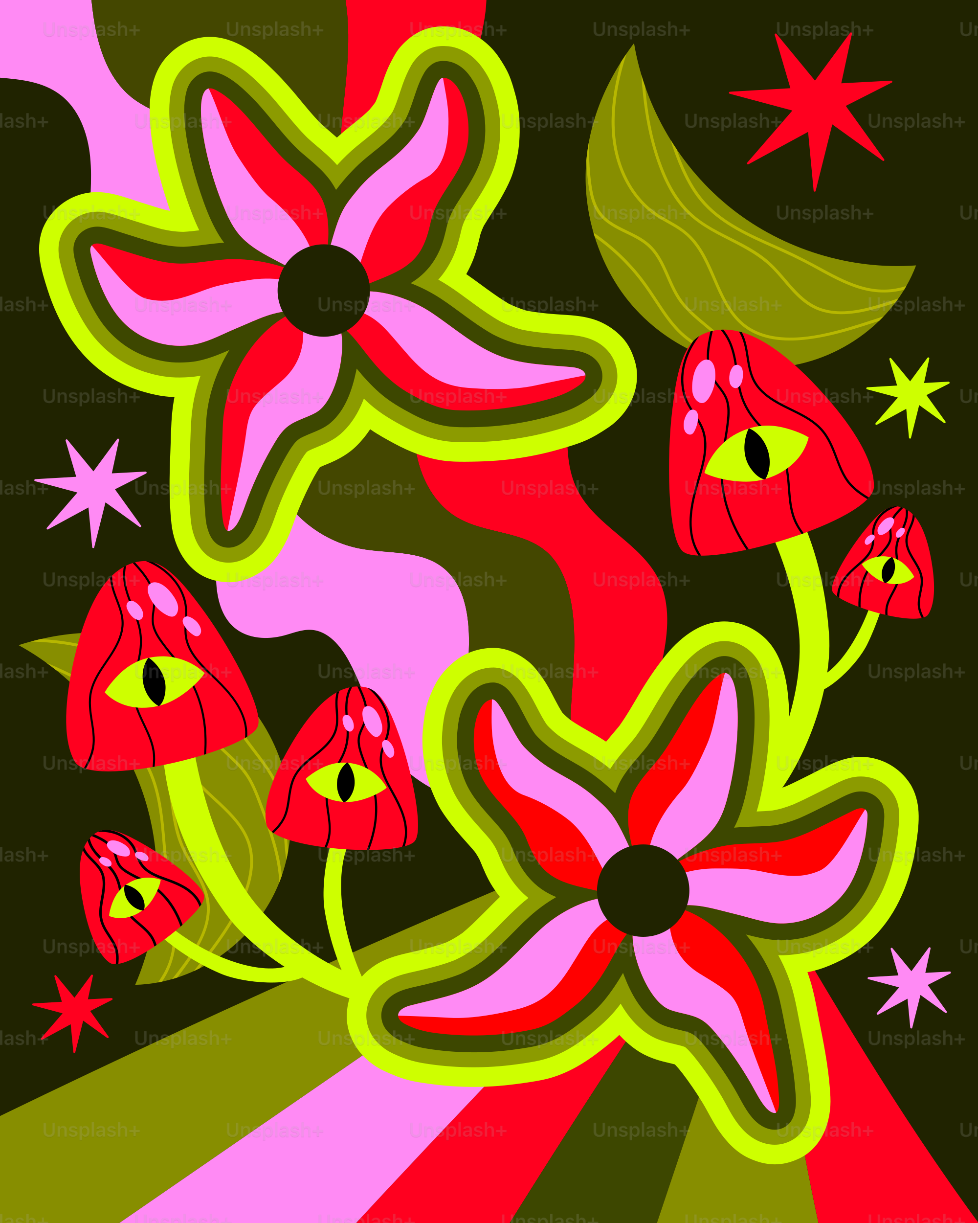 ein Gemälde von Blumen und Sternen auf schwarzem Hintergrund