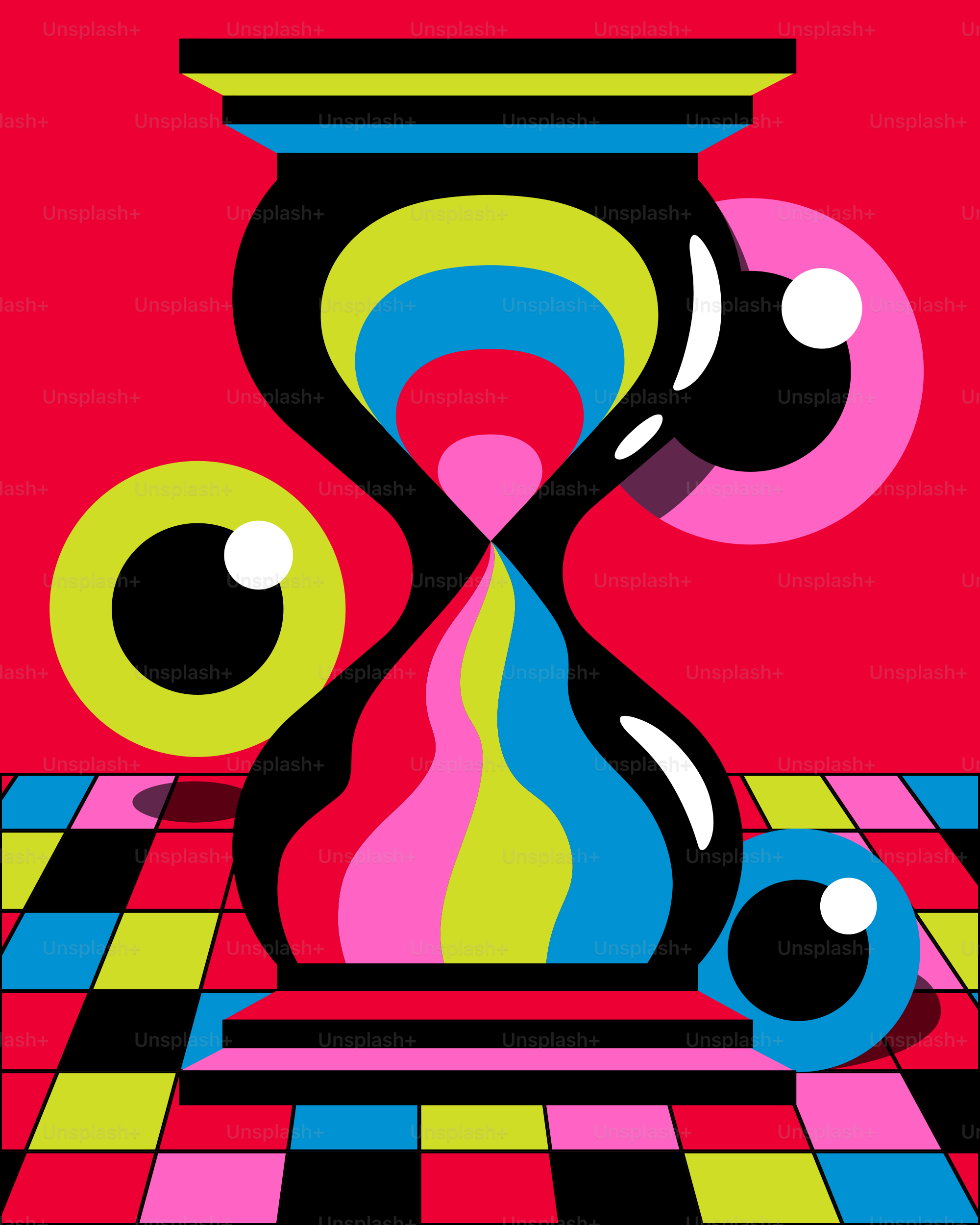 an abstract painting of a hourglass on a red background