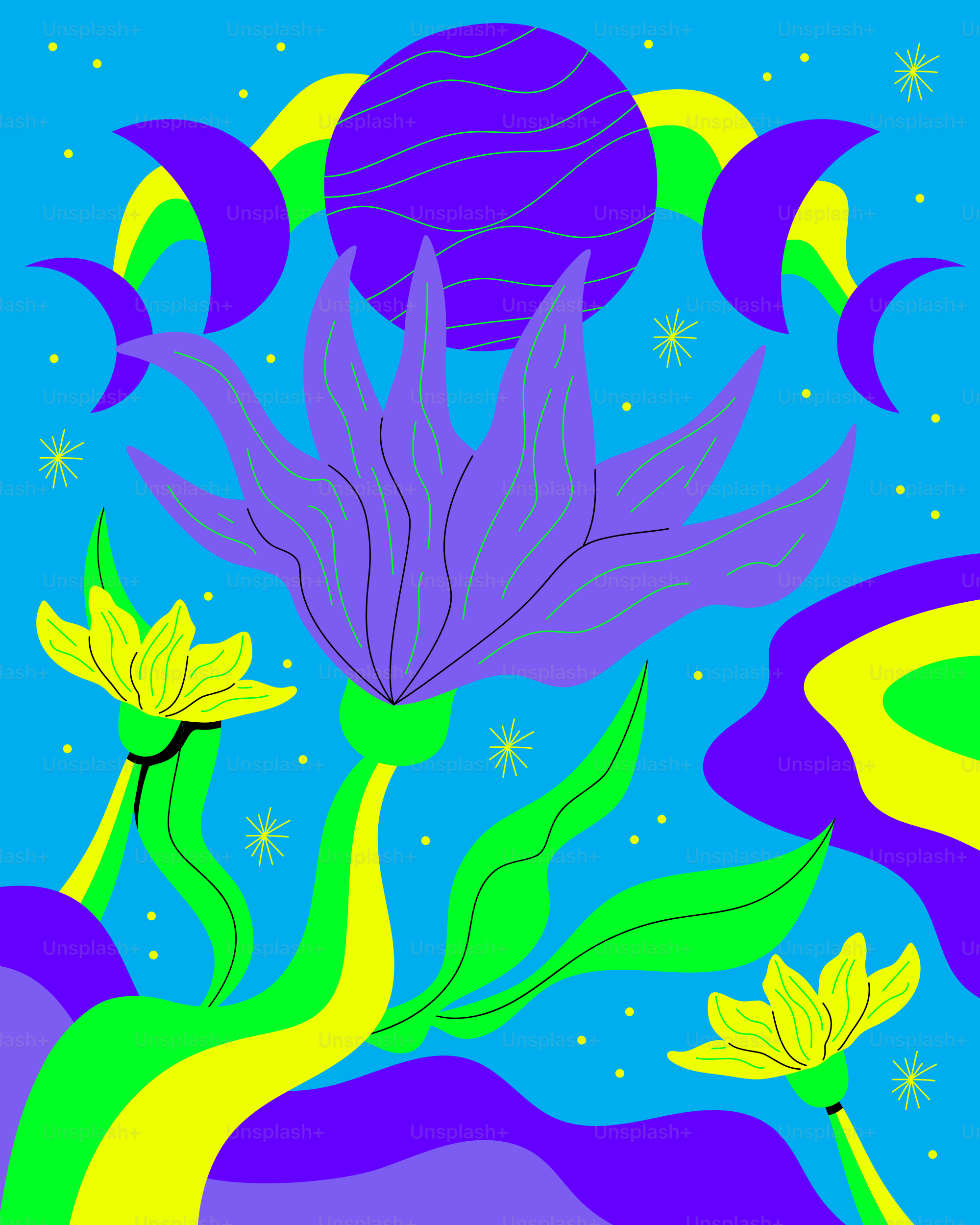 a painting of a plant with purple and yellow flowers