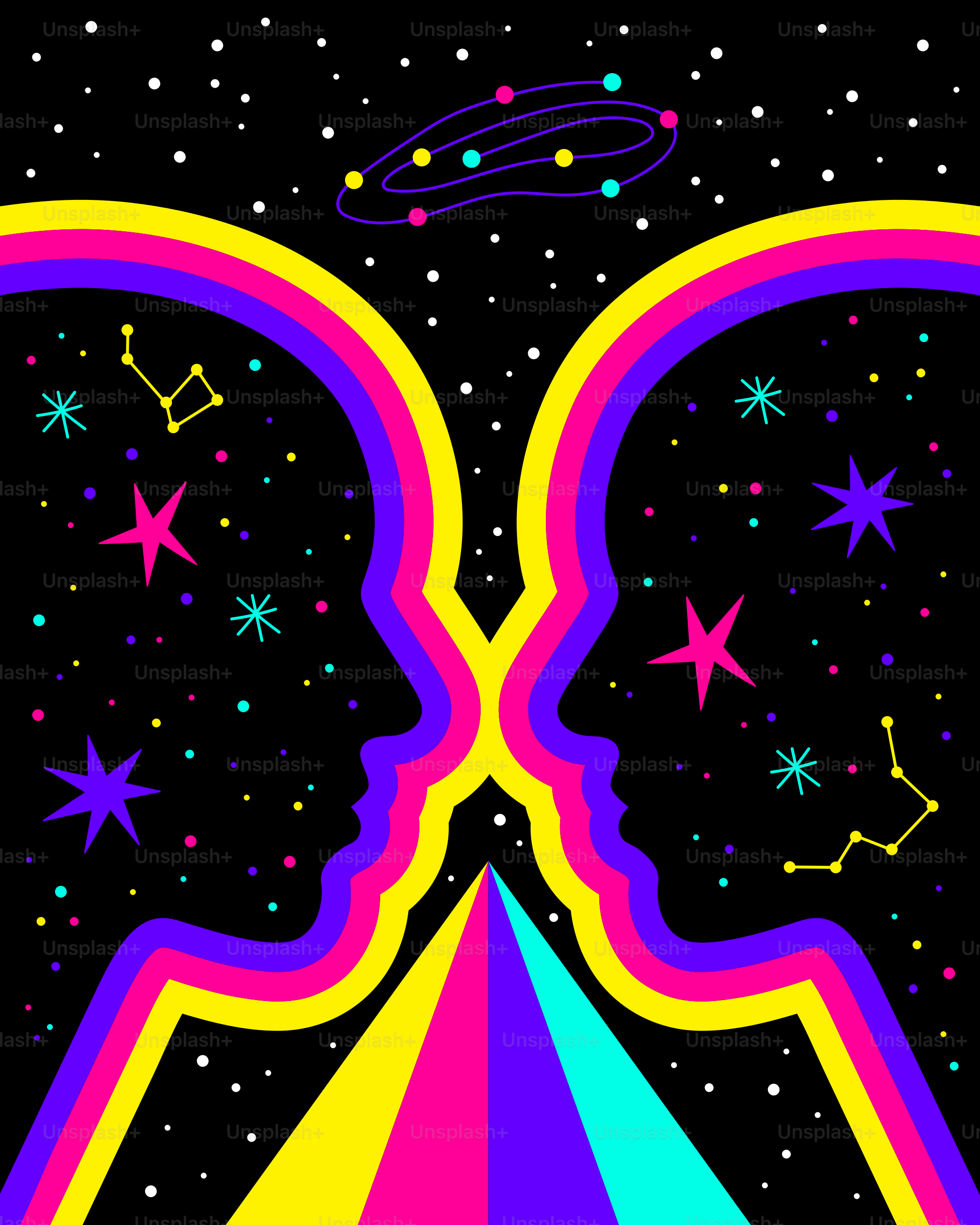 a poster of a pair of faces with stars in the background