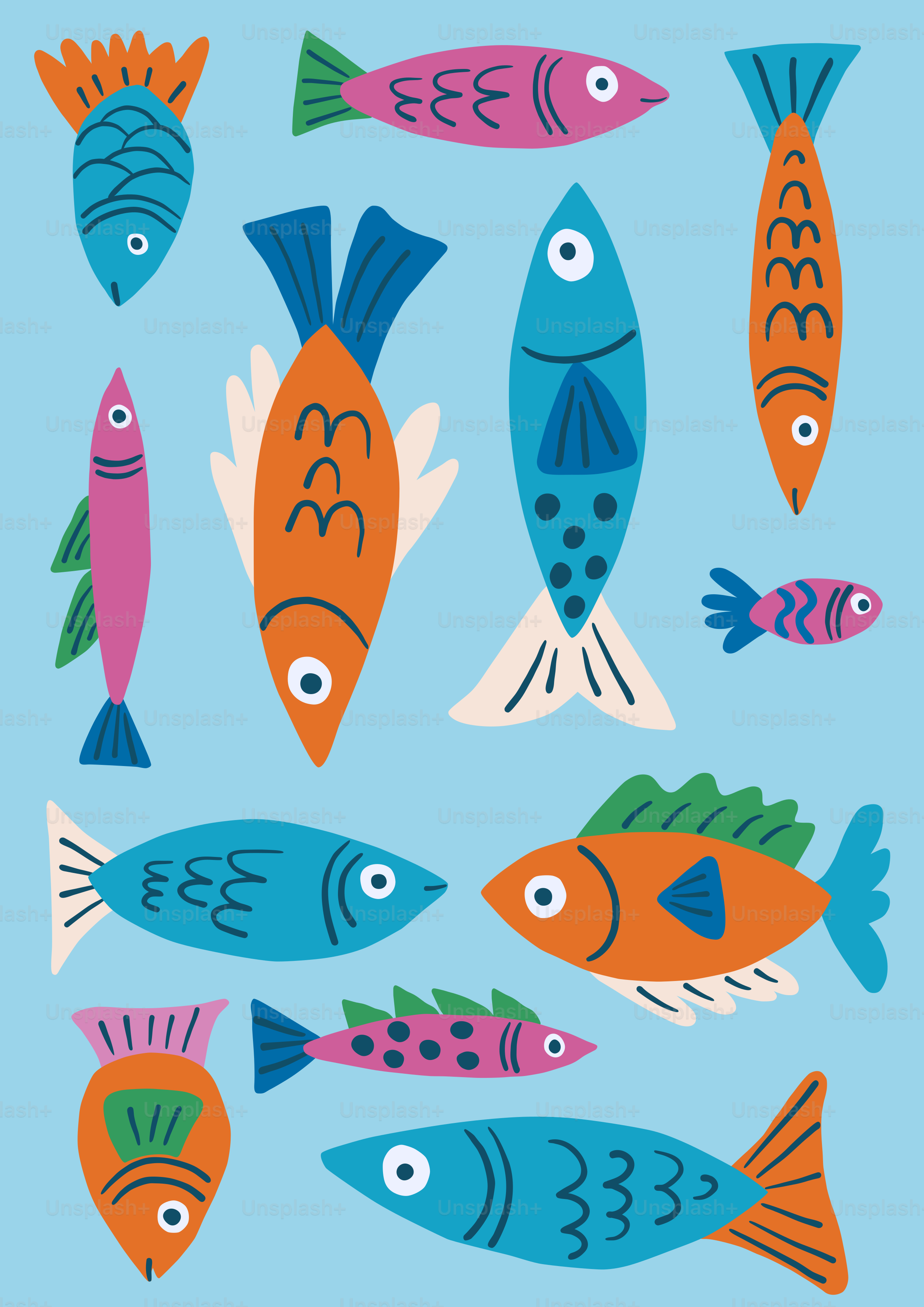 un grupo de peces coloridos sobre un fondo azul