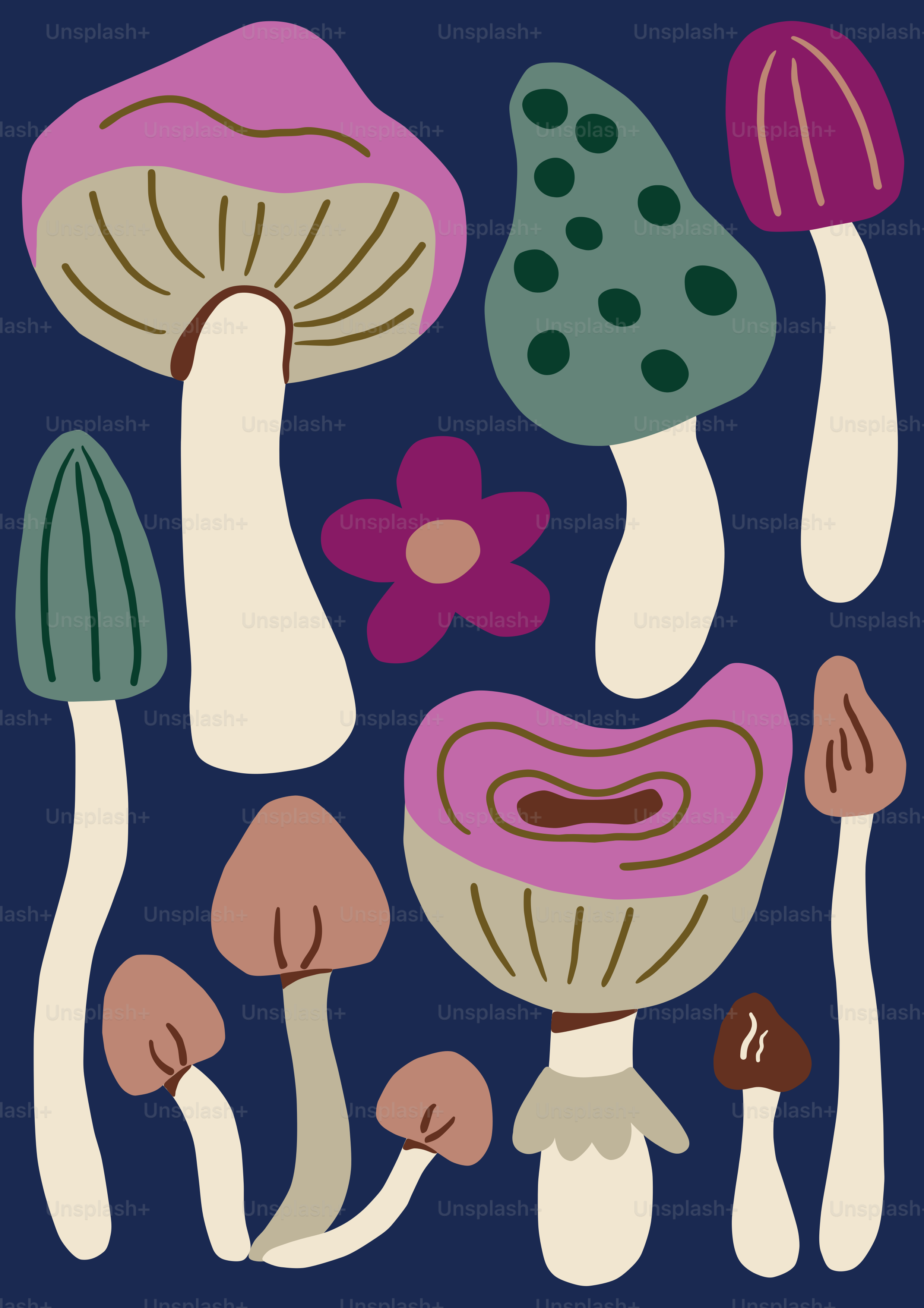 a group of mushrooms on a blue background