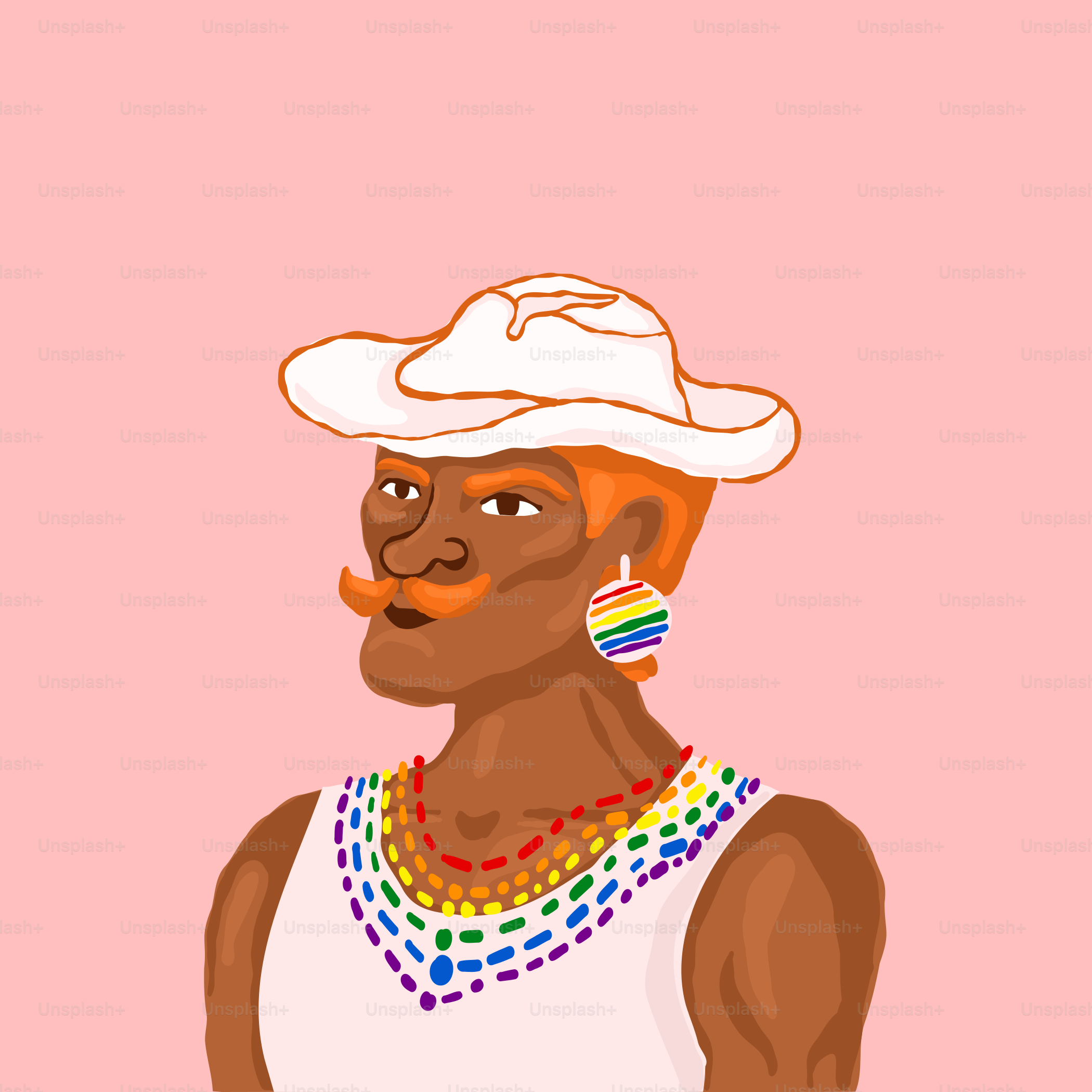 a man wearing a white hat and a rainbow necklace