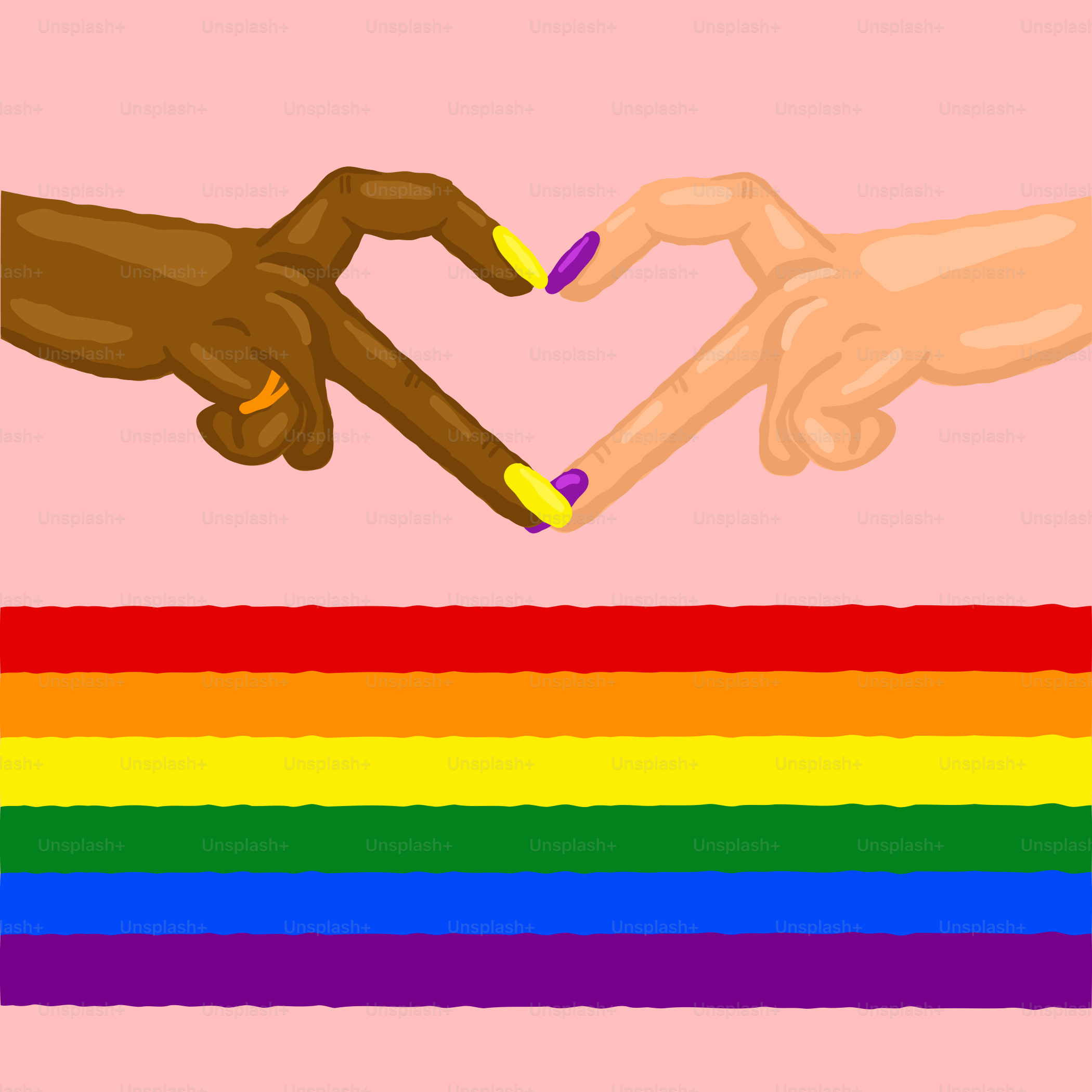 a pair of hands touching each other over a rainbow strip