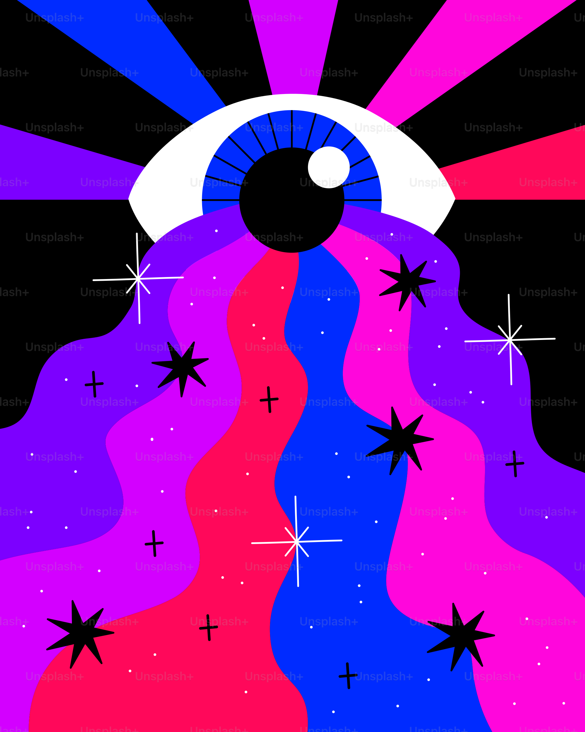 an eye with stars in the sky above it