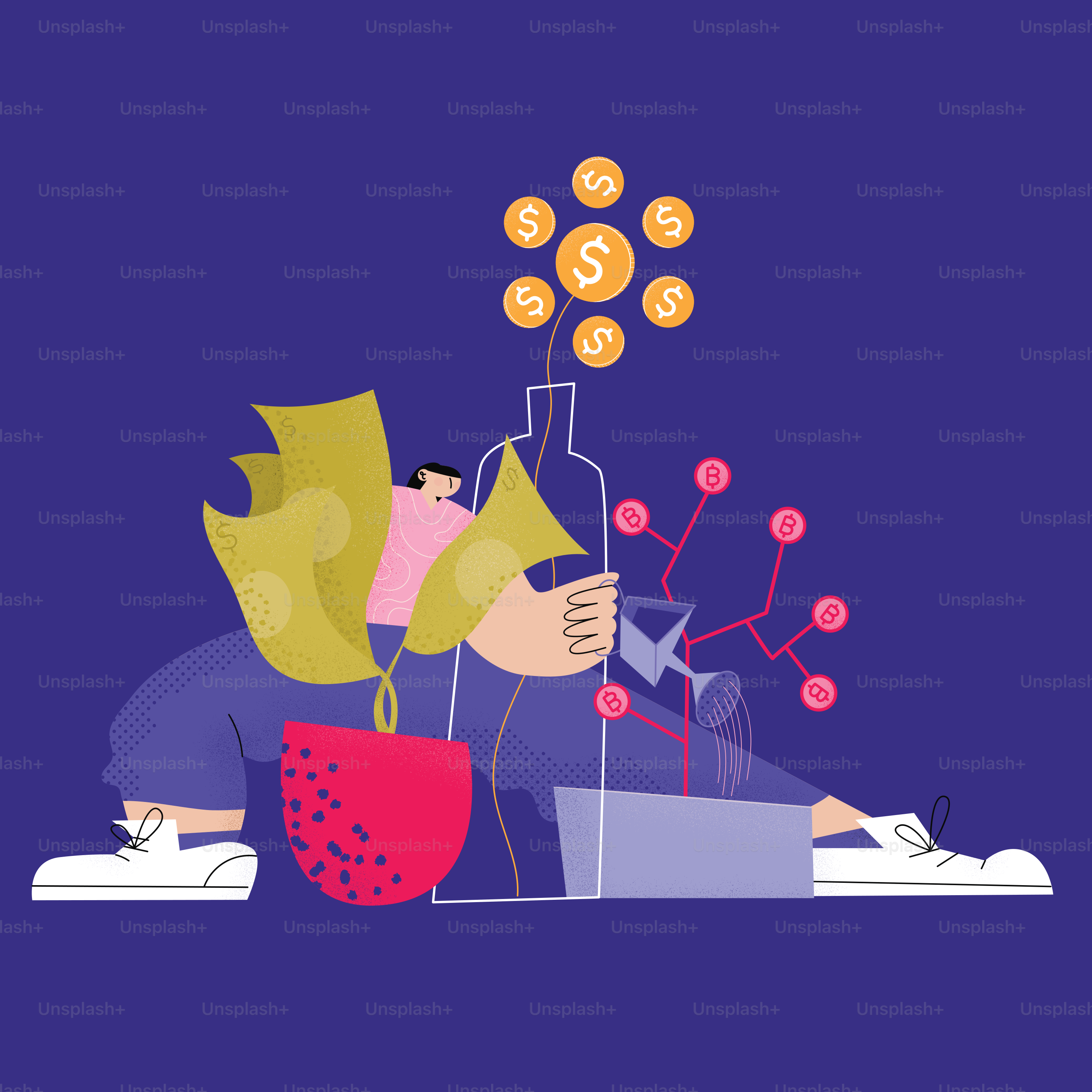 a person sitting at a table with a laptop and money coming out of a bottle