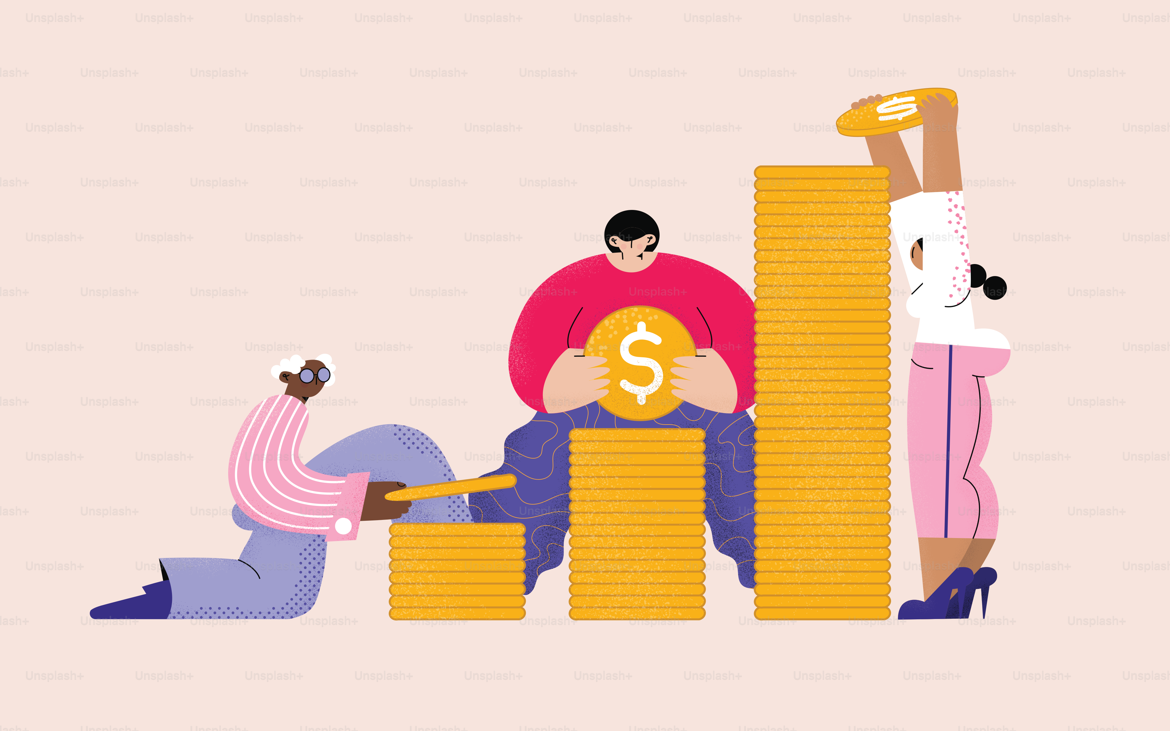 a woman sitting on top of a pile of gold coins