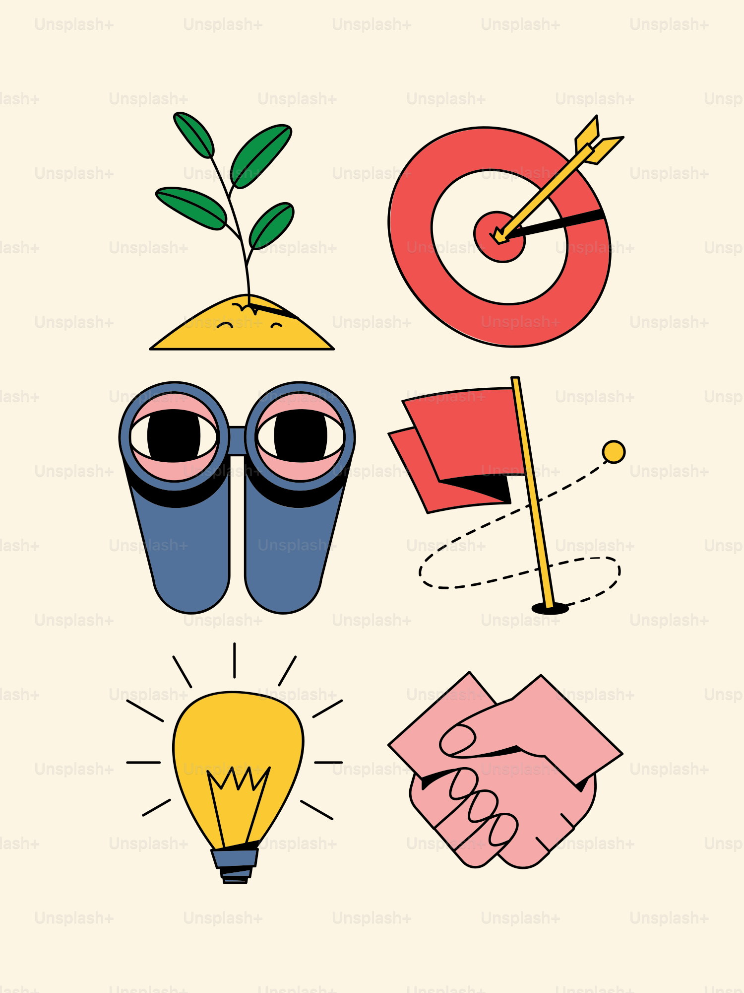 a drawing of a light bulb, a plant, and other items