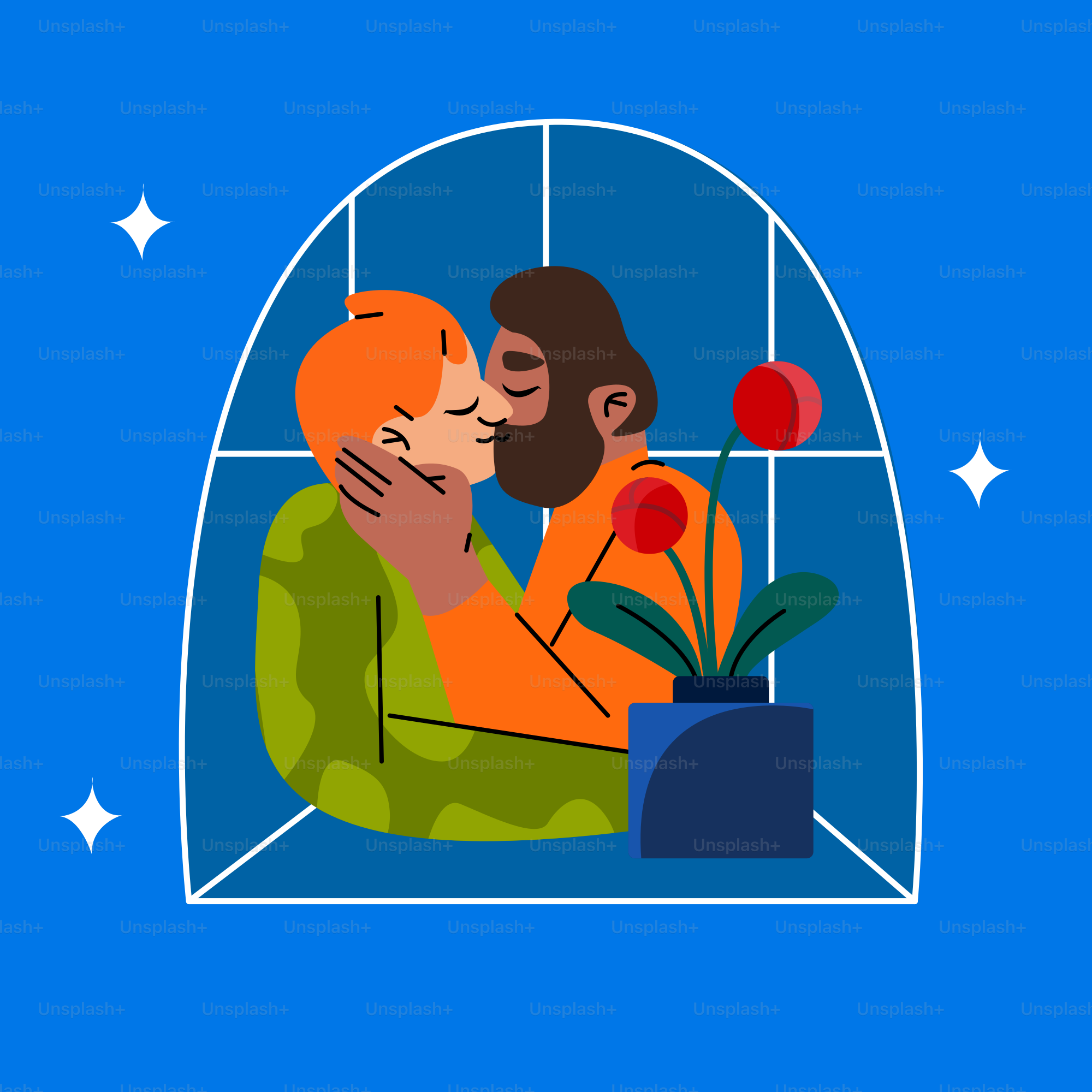 a man and a woman kissing in front of a window