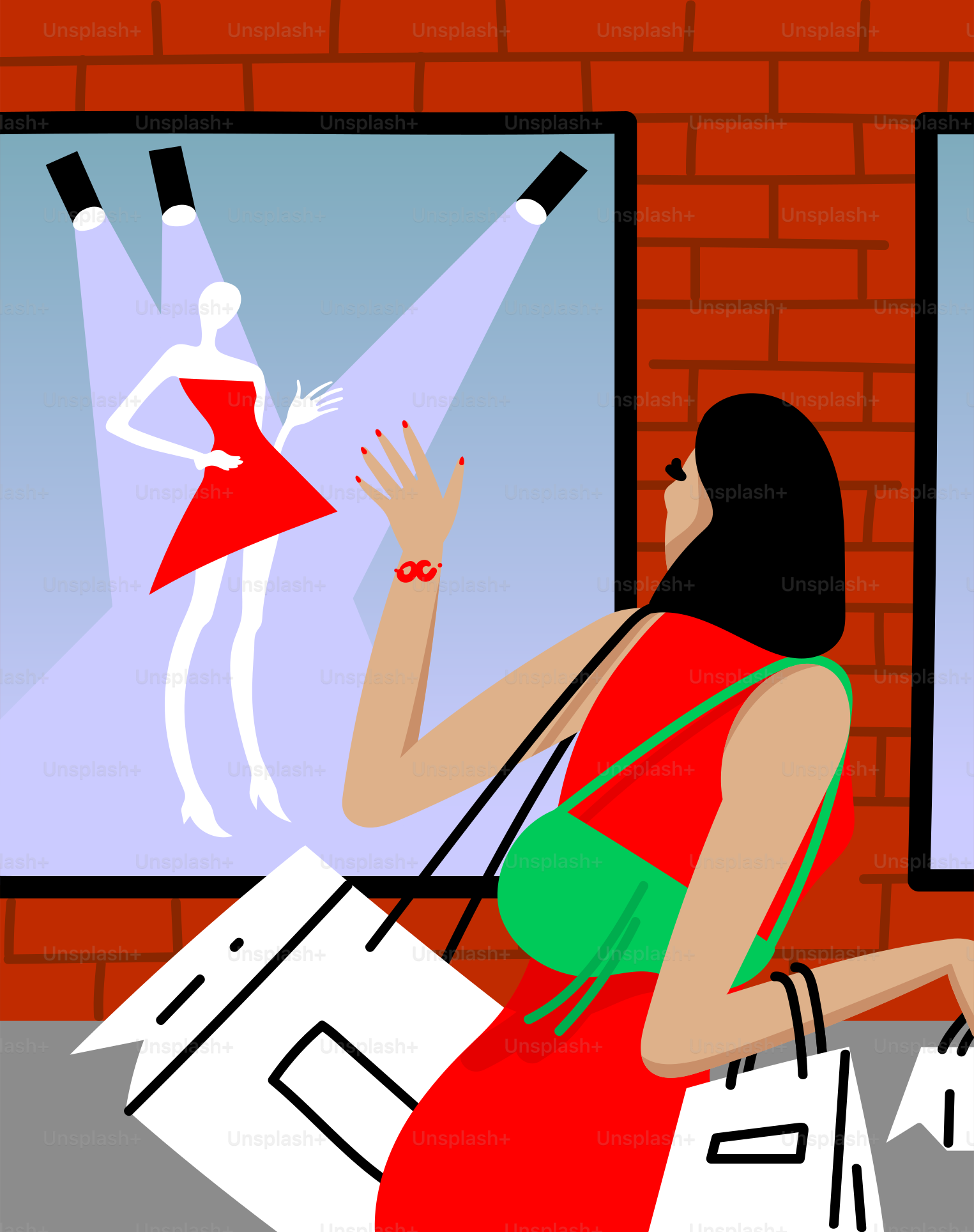 a woman in a red dress is looking at a window