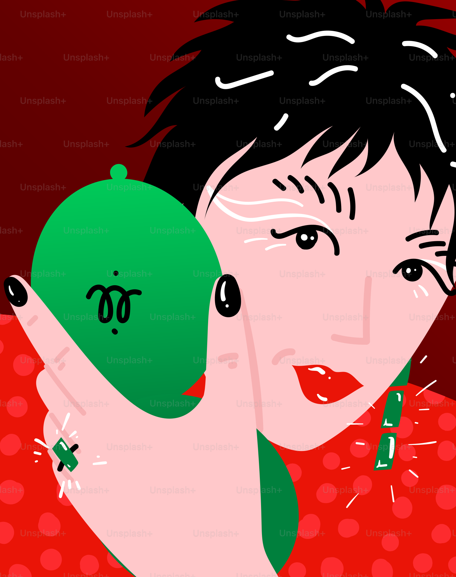 una pintura de una mujer sosteniendo un objeto verde