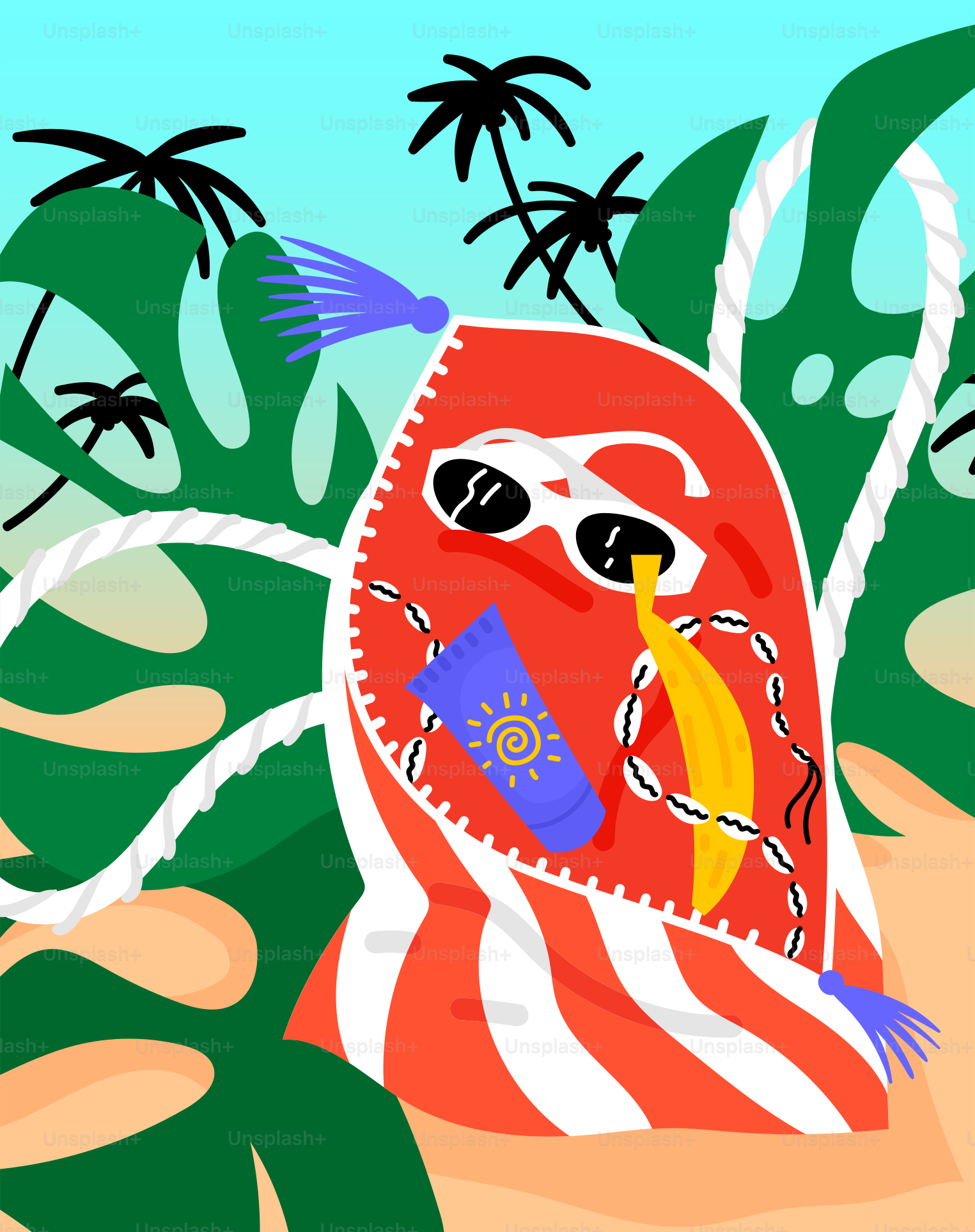 a cartoon of a bird on a beach with palm trees