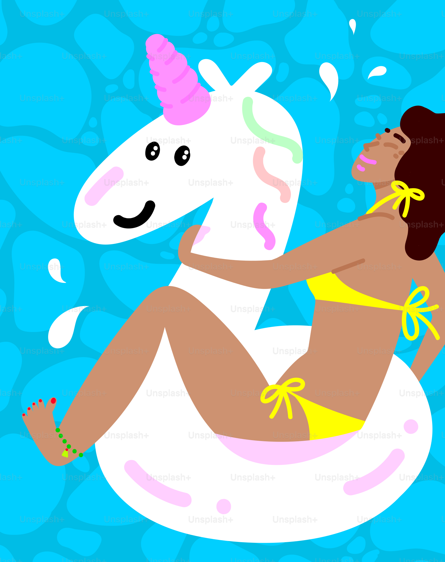 a woman in a bikini riding on an inflatable unicorn