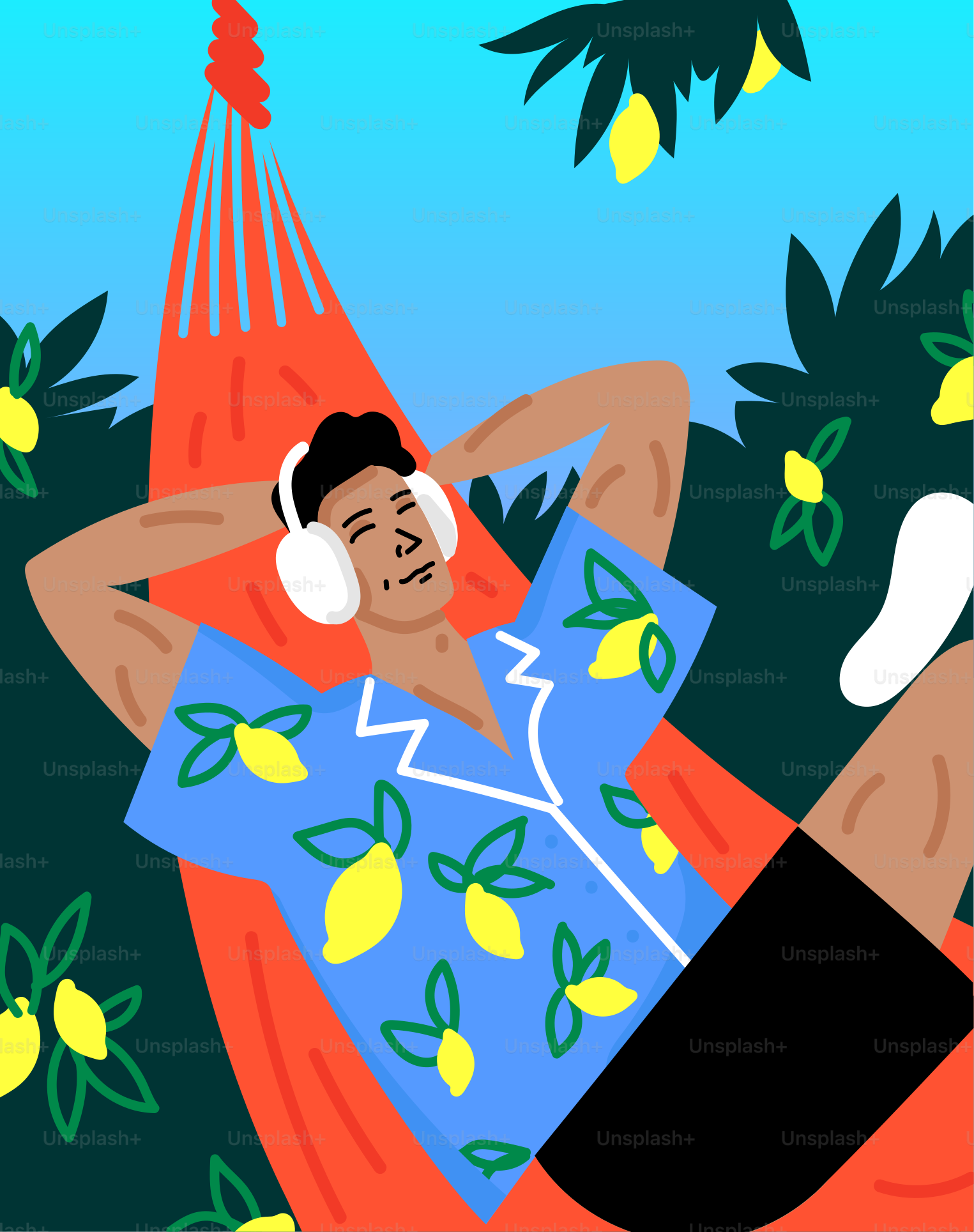 a man laying in a hammock with headphones on