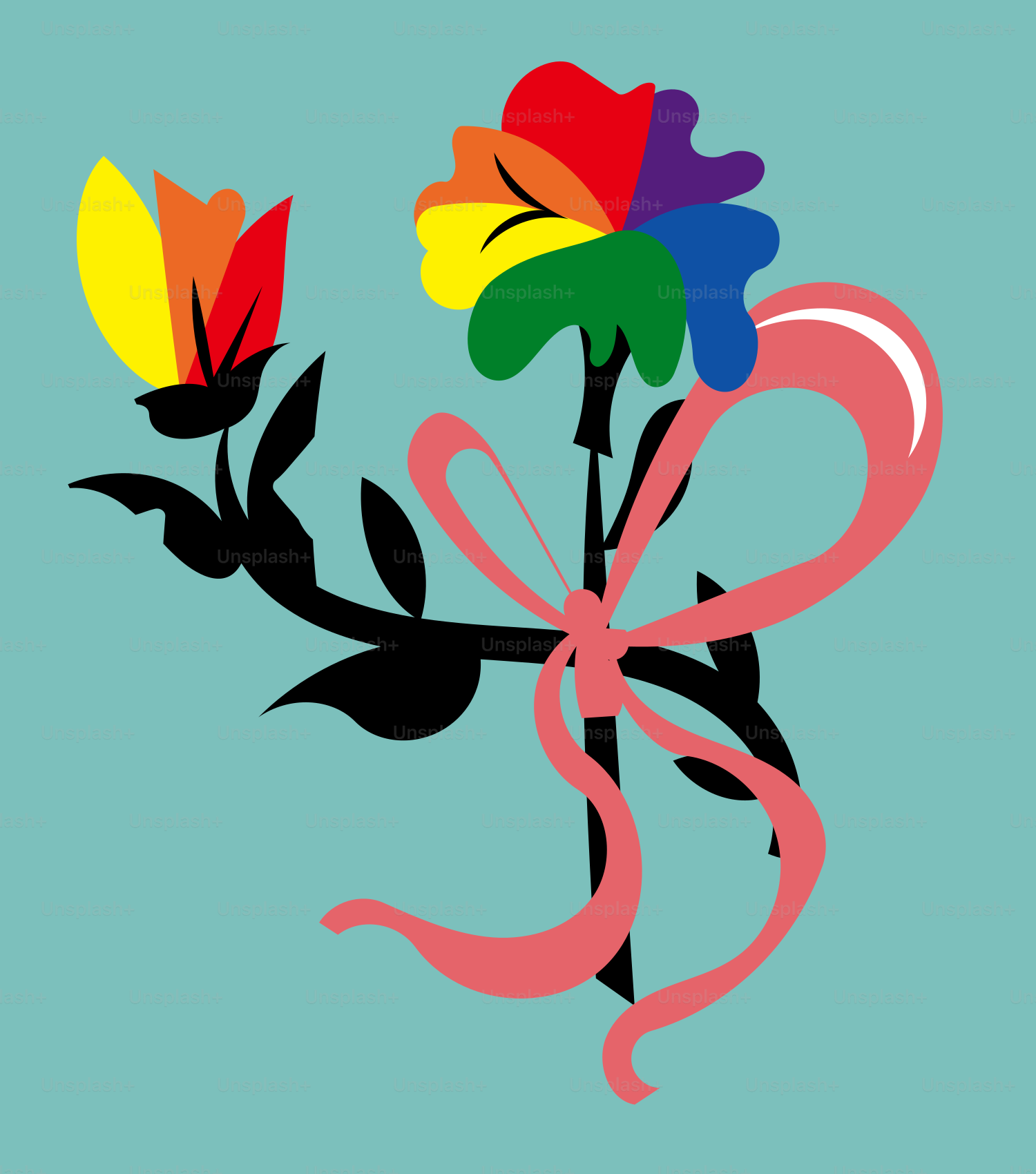a colorful flower with a bow on a blue background