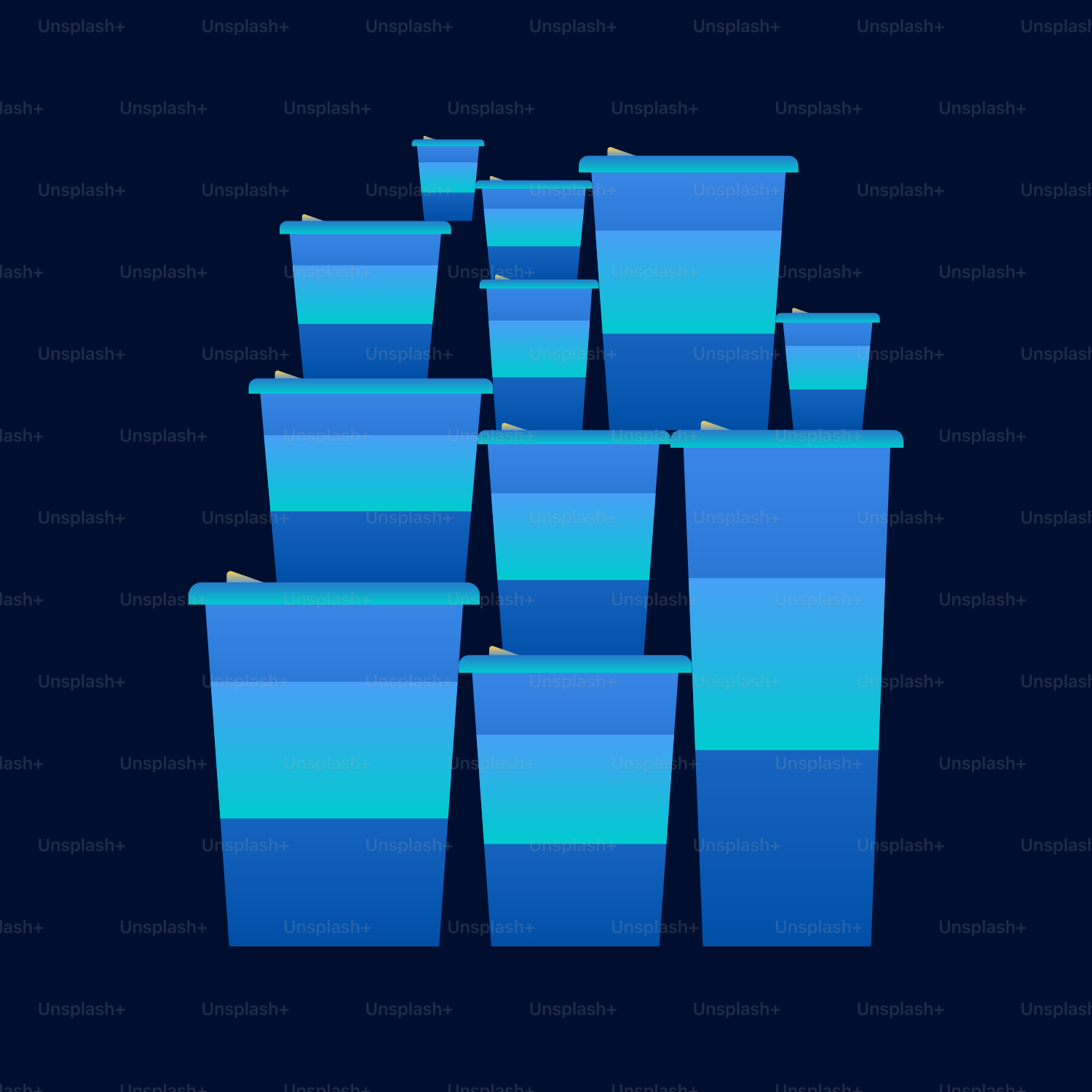 a bunch of blue cups stacked on top of each other