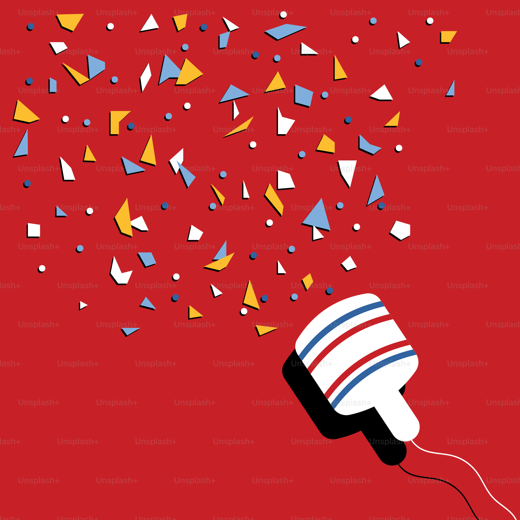 a red background with confetti and confetti cones