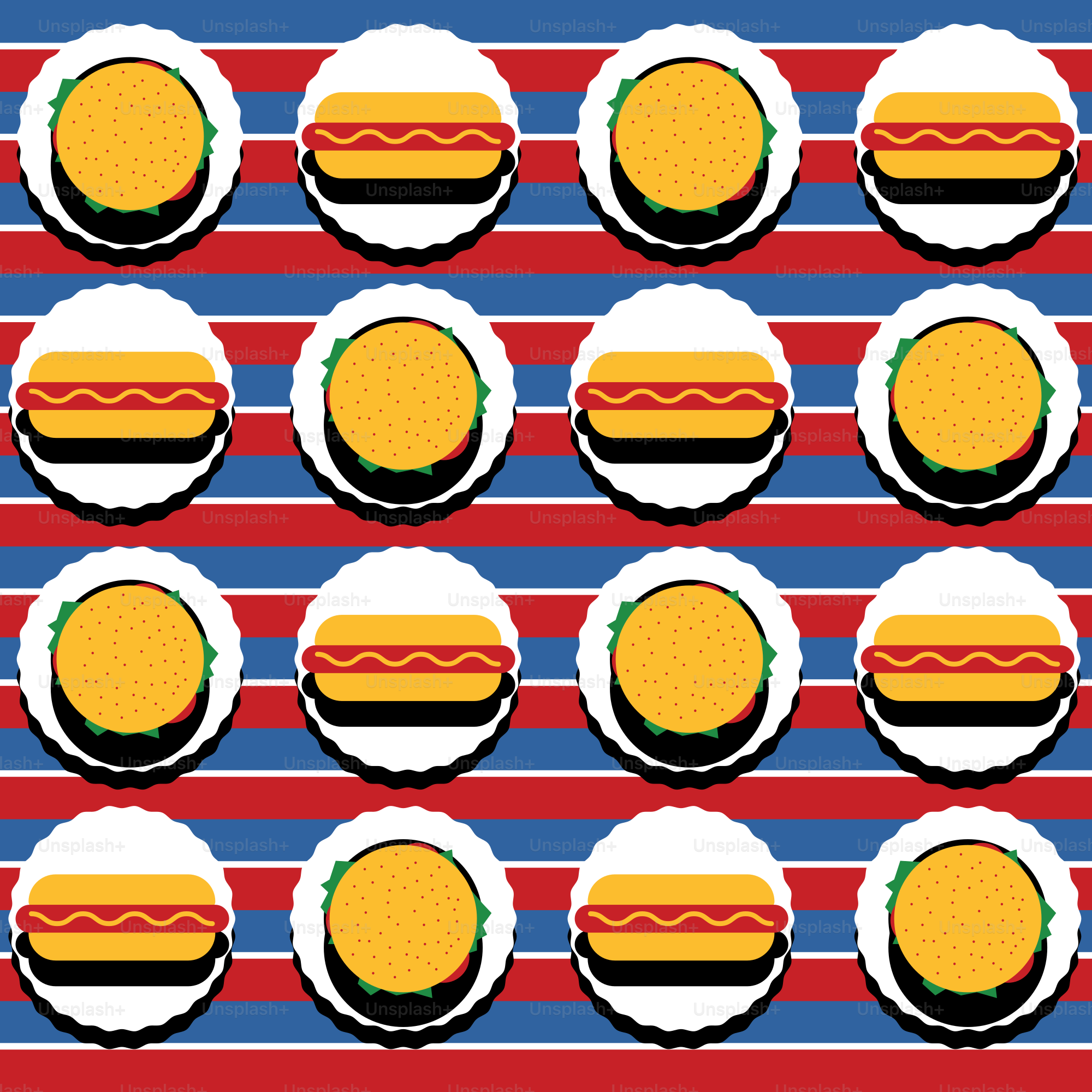 a pattern of hamburgers on a red, white, and blue background