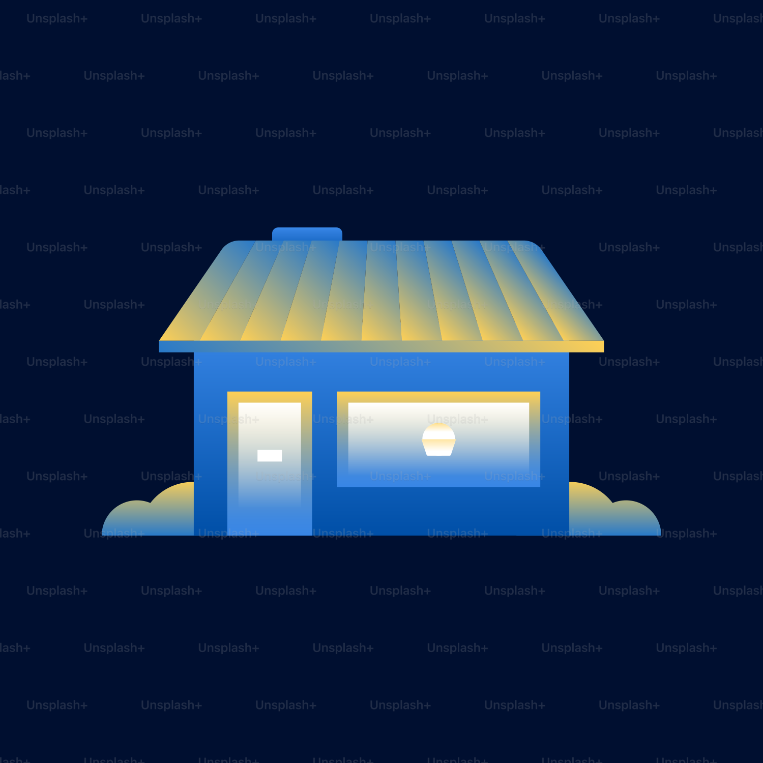 Ein blaues Haus mit gelbem Dach auf dunklem Hintergrund