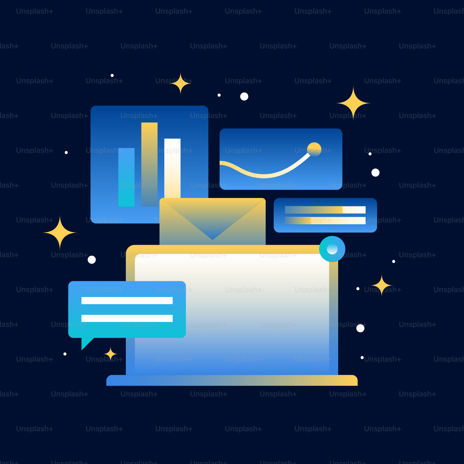 a computer screen with a message bubble above it