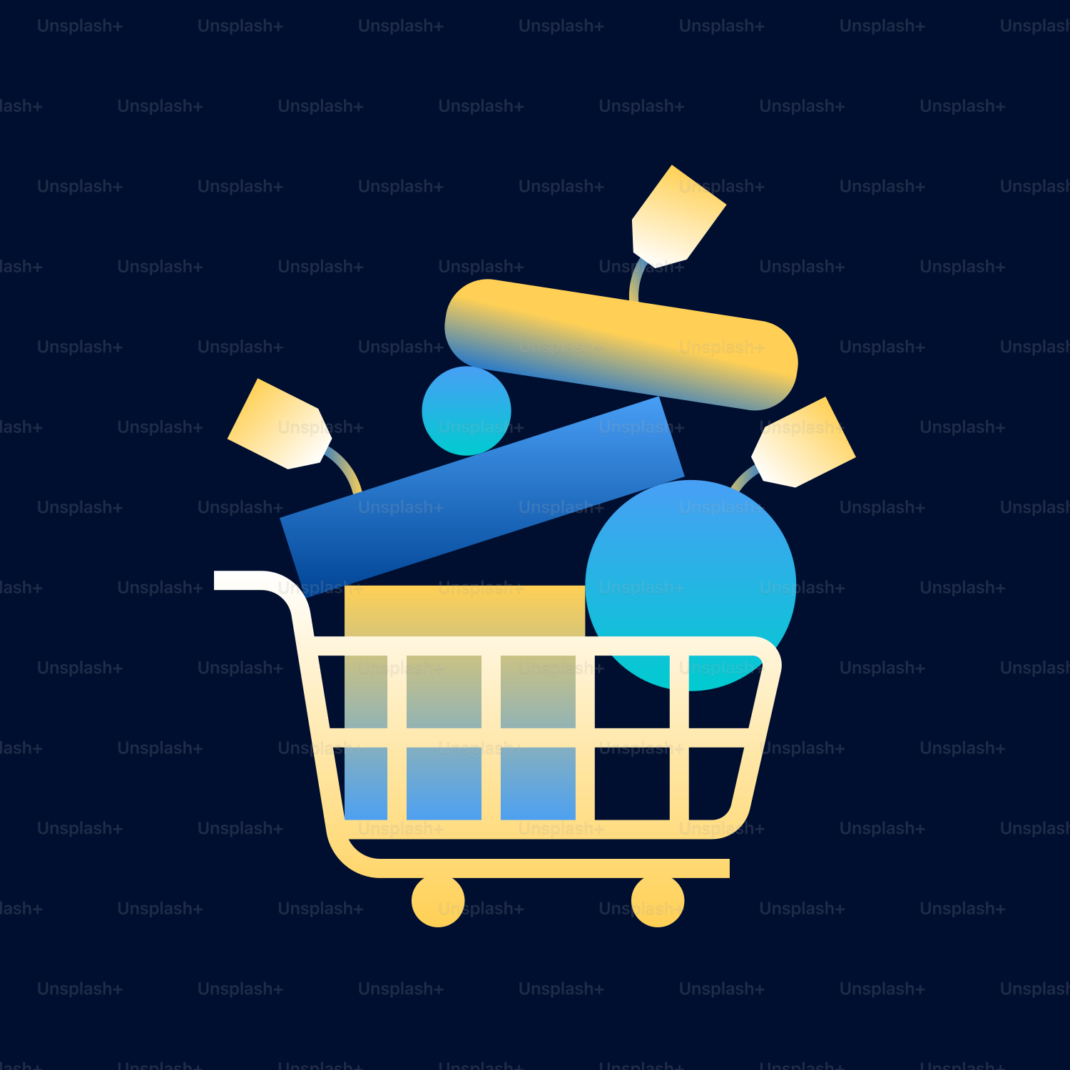 a shopping cart filled with items on a dark background