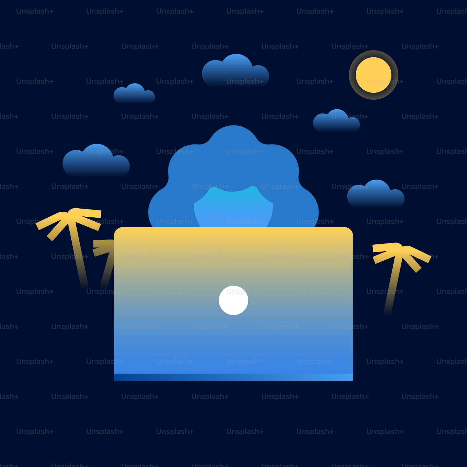 Ein Laptop-Computer, der auf einer blauen Oberfläche sitzt