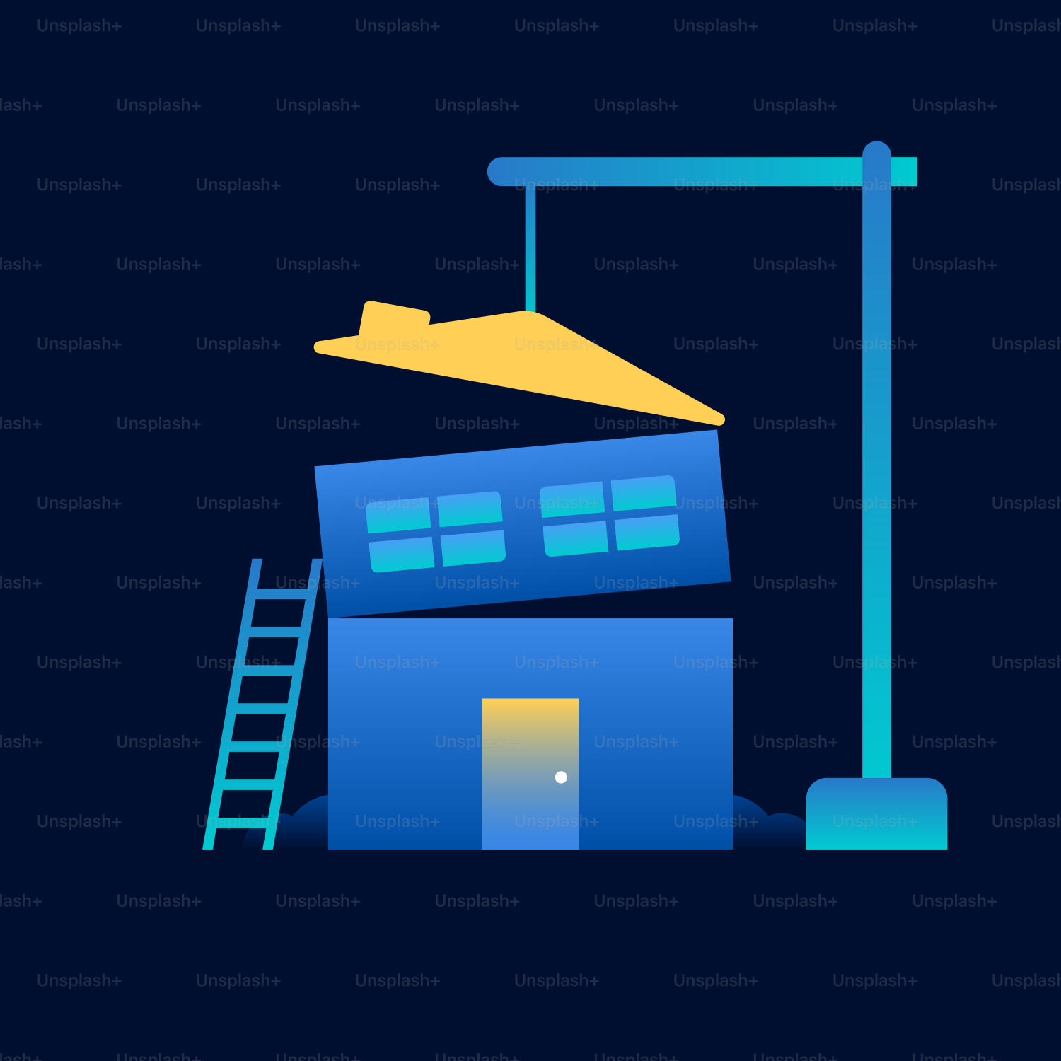 a blue house with a yellow roof and a ladder