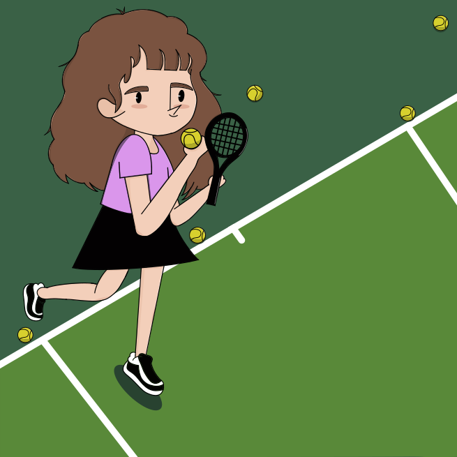 a girl is holding a tennis racket and a ball