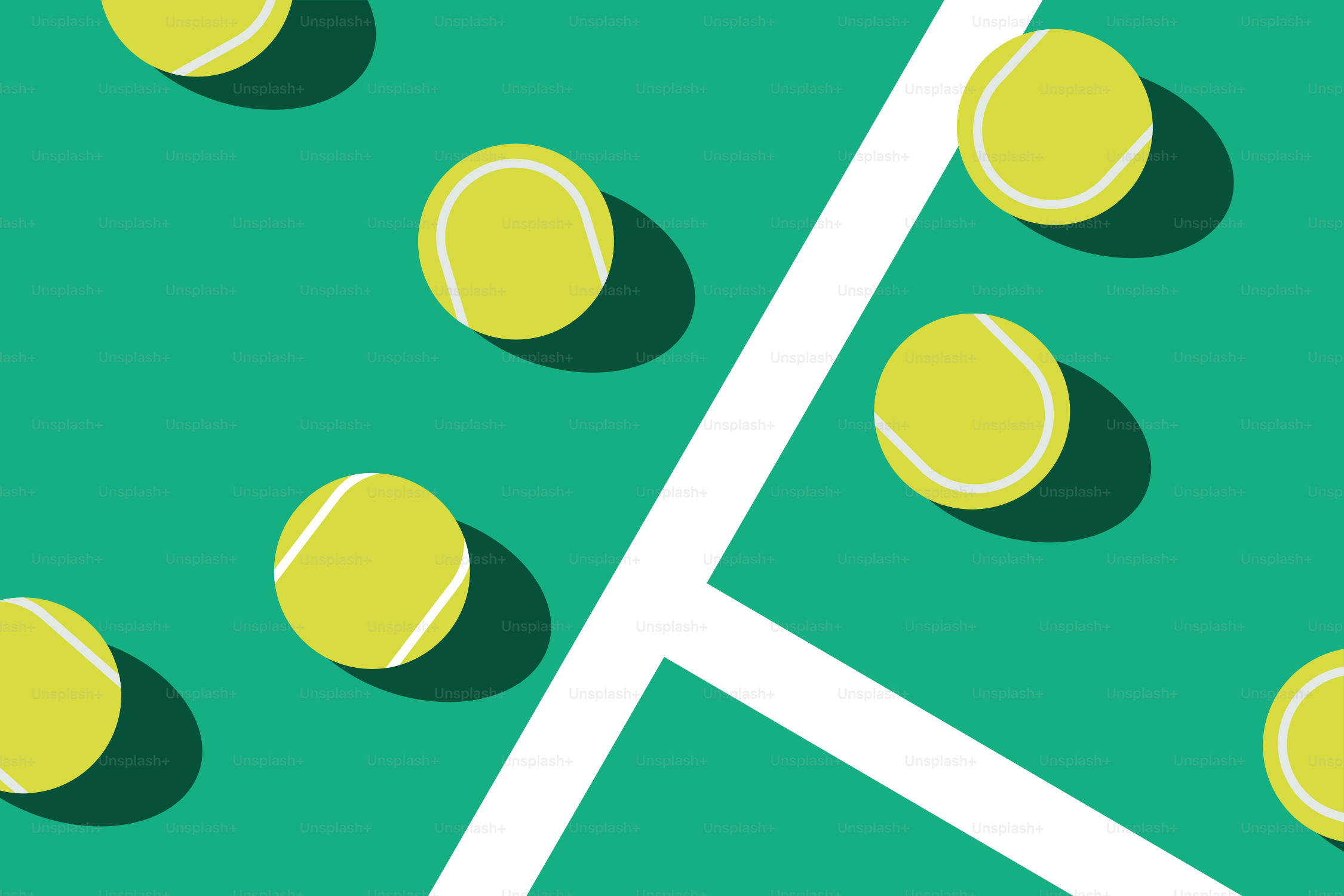 a tennis court with several tennis balls on it