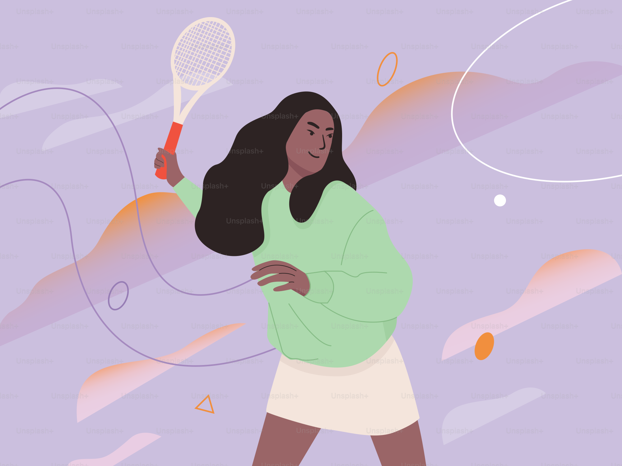 보라색 배경에 테니스 라켓을 들고 있는 여자
