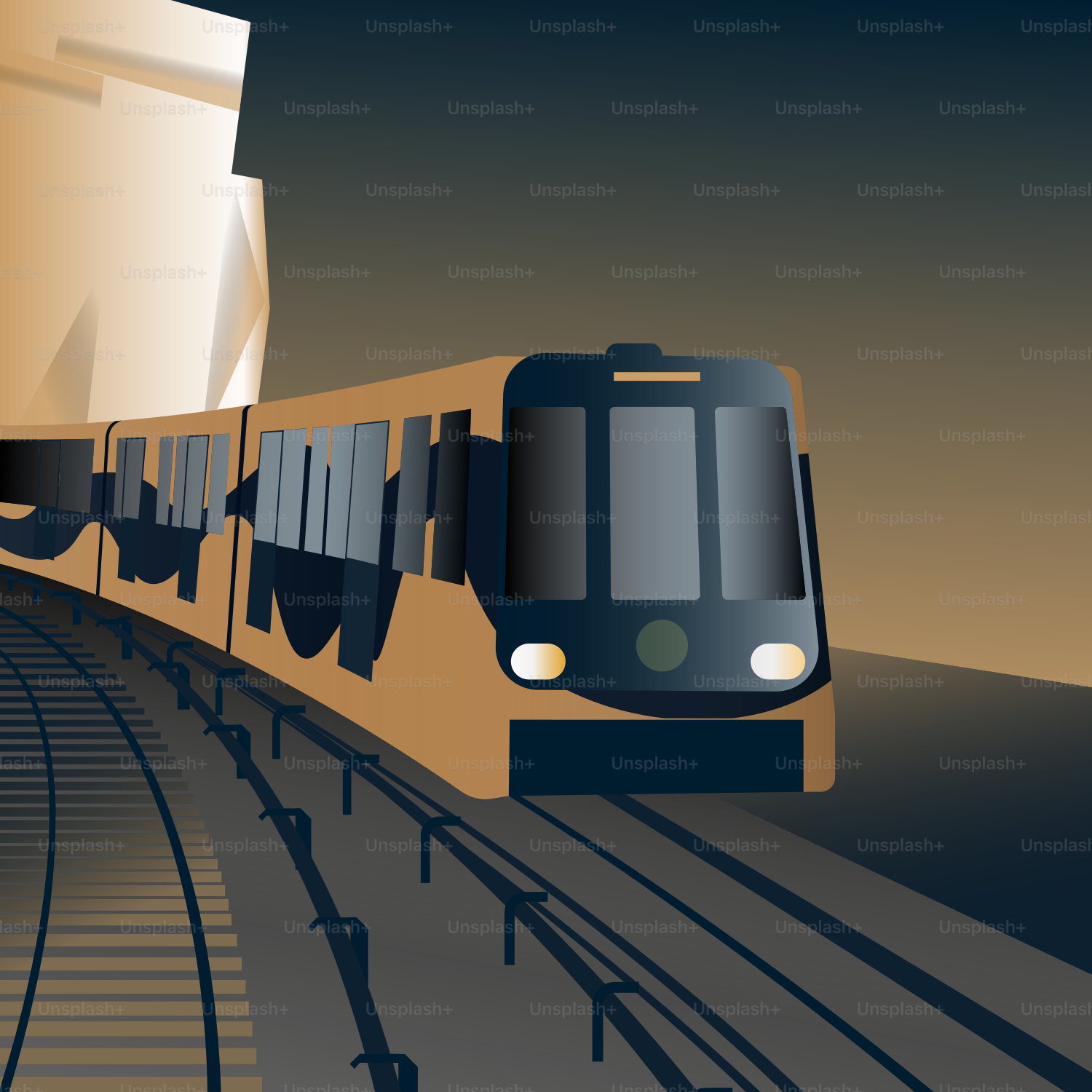 Un treno che viaggia lungo i binari accanto a un edificio alto