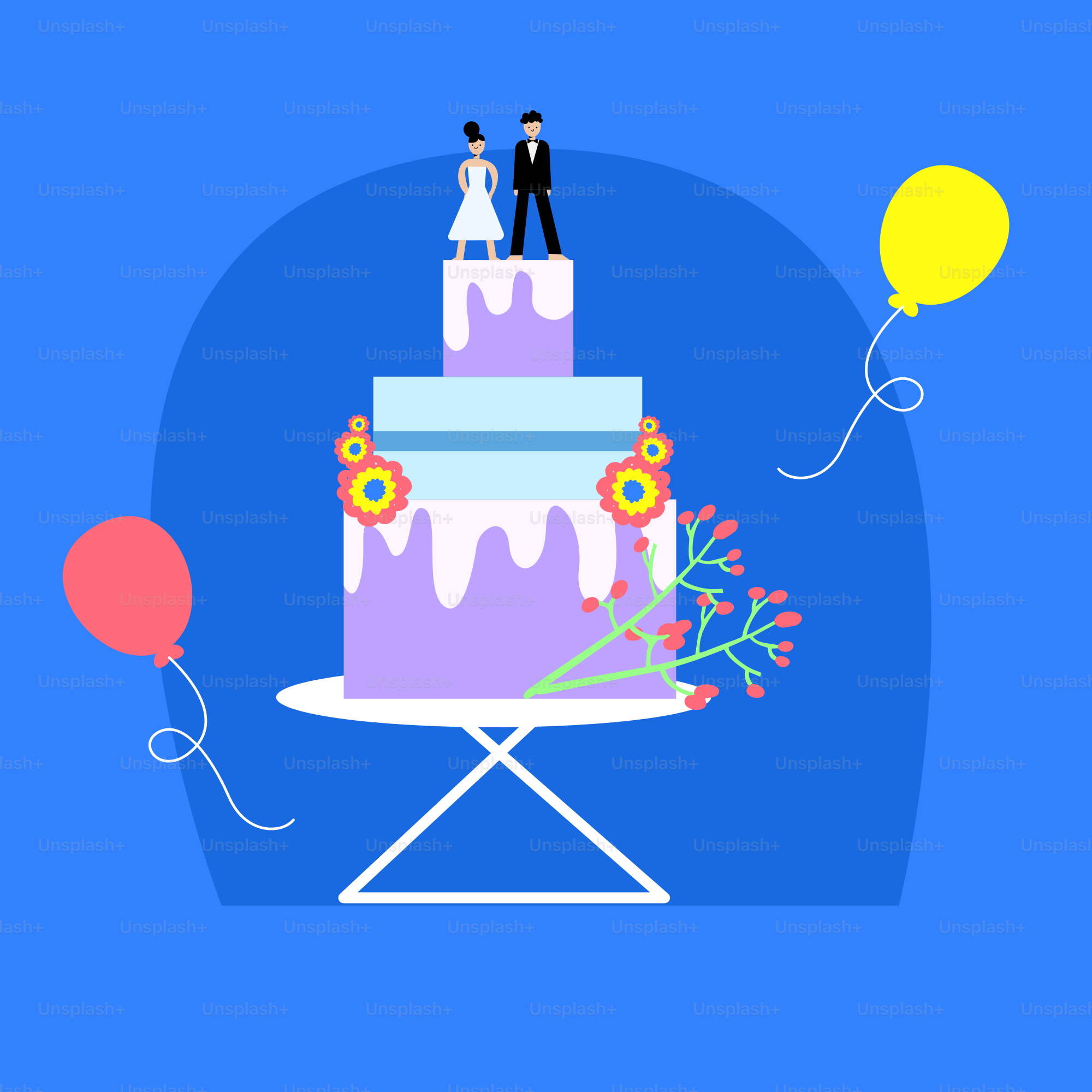 a couple standing on top of a wedding cake