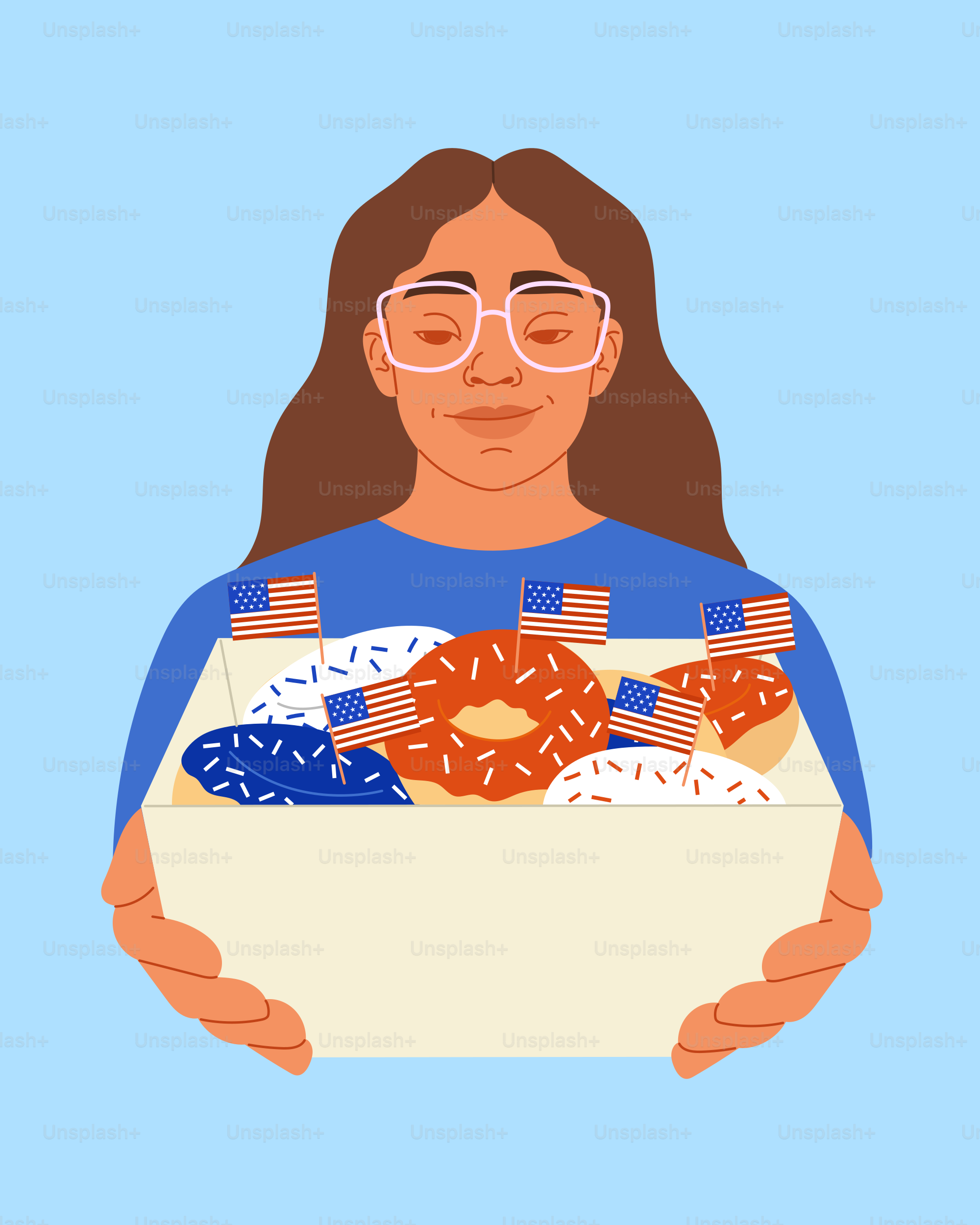 a woman holding a box of donuts with american flags on them