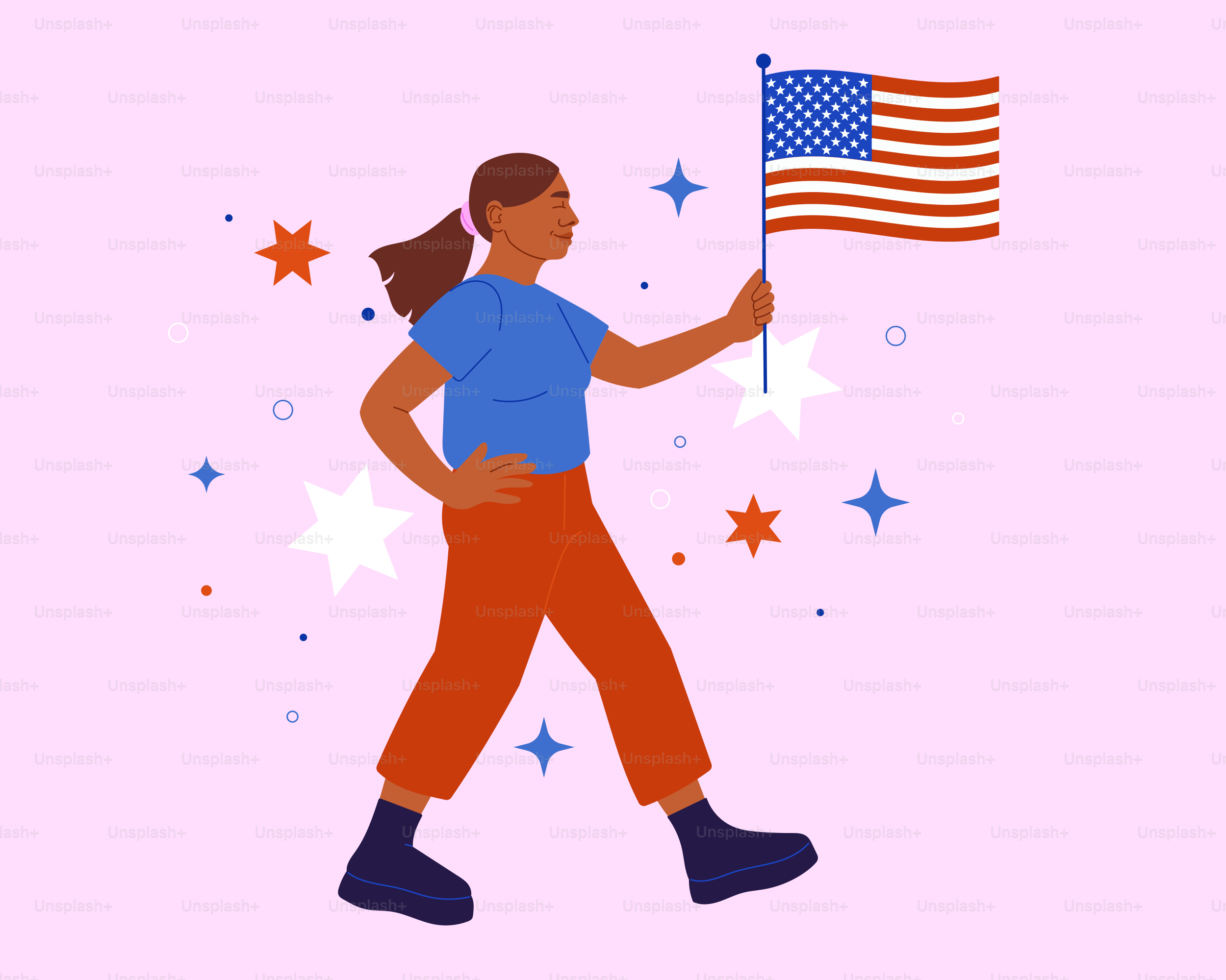 a woman holding an american flag on a pink background