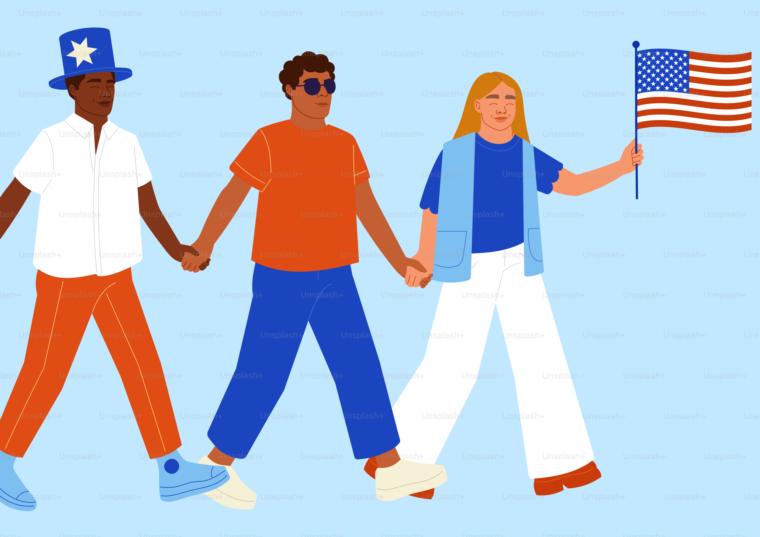 three people holding hands with an american flag