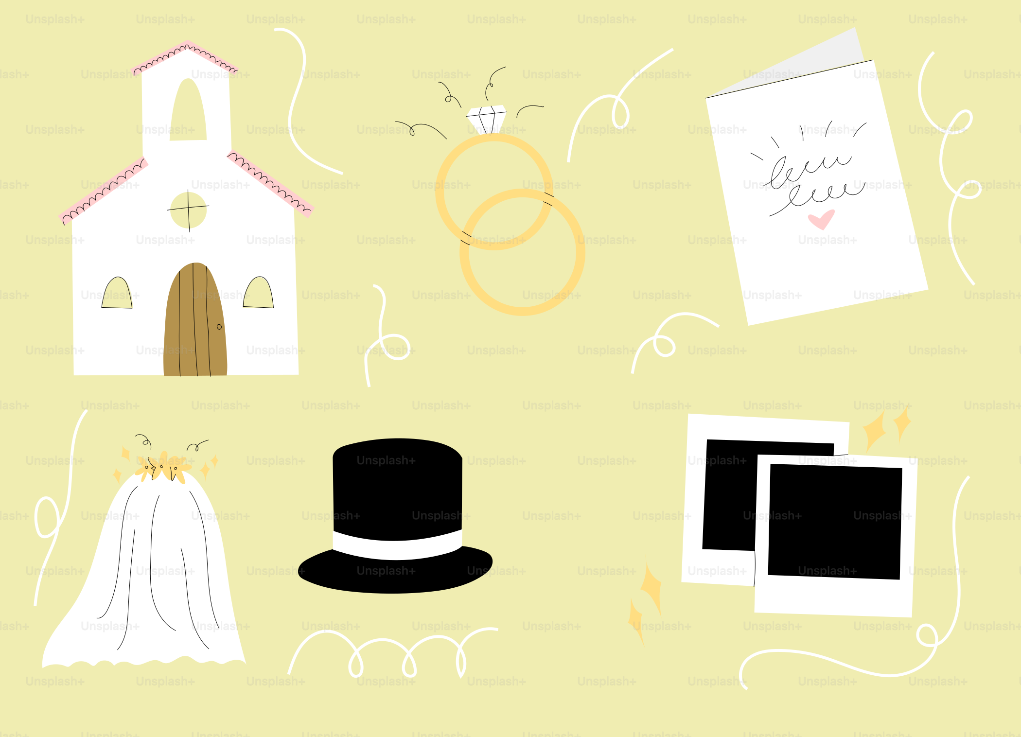 Les articles de mariage d’un couple sont disposés sur un fond jaune