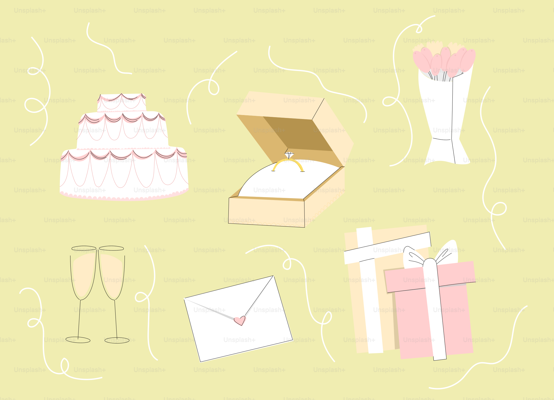 an illustration of a box with a wedding ring and two champagne flutes